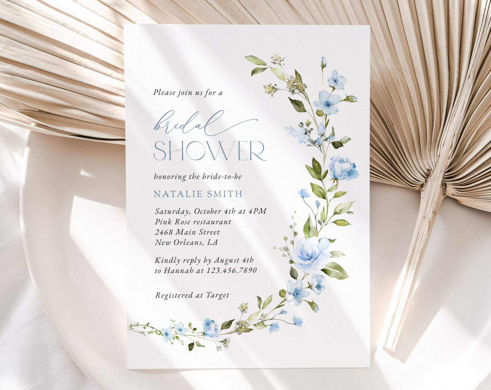 Blue Flowers Bridal Shower Invitation Bridal Shower Stationery