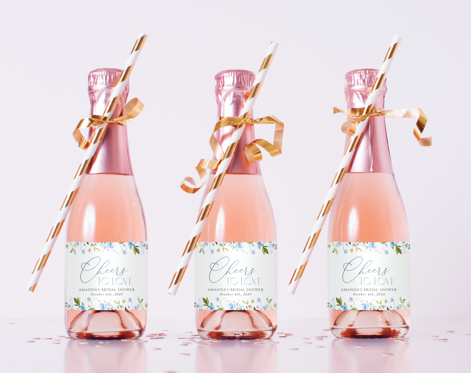 Blue Flowers Mini Champagne Labels, Bridal Shower Decoration, Printable File, Edit Yourself, SH49