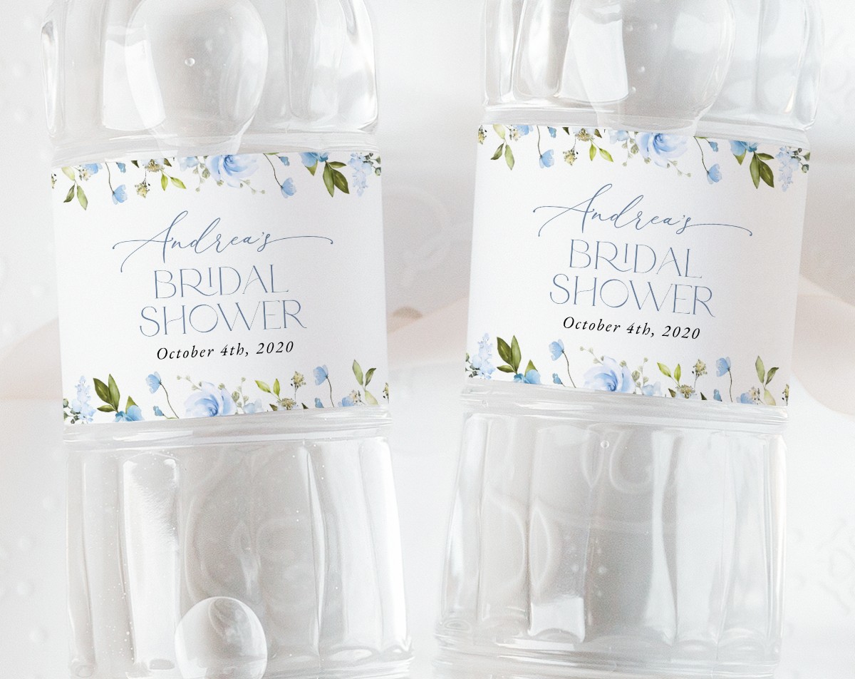 Blue Flowers Water Bottle Labels, Bridal Shower Decoration, Printable File, Edit Yourself, SH49