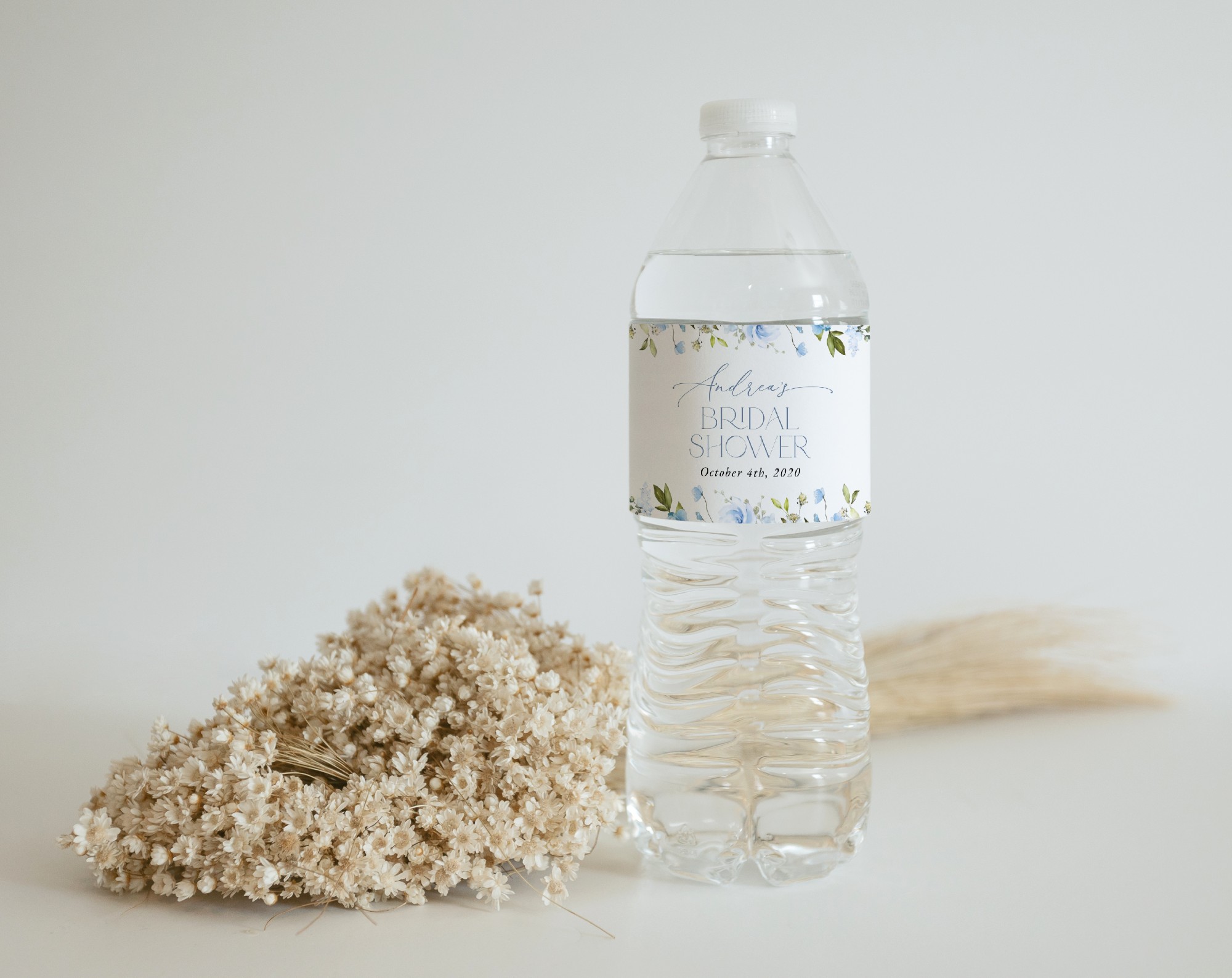 Blue Flowers Water Bottle Labels, Bridal Shower Decoration, Printable File, Edit Yourself, SH49