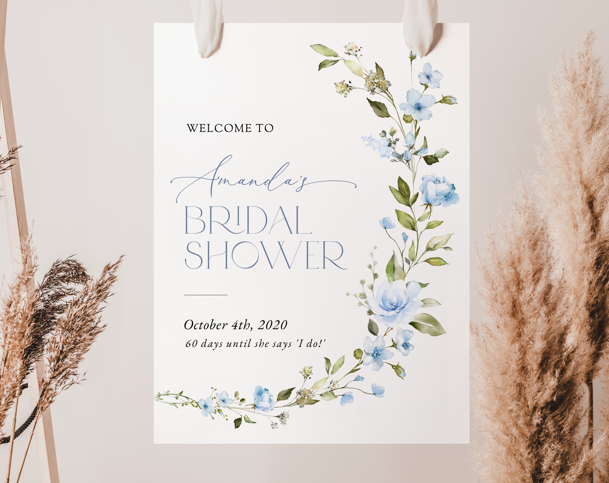 Blue Flowers Welcome Sign, Bridal Shower Sign, Printable File, Edit Yourself, SH49