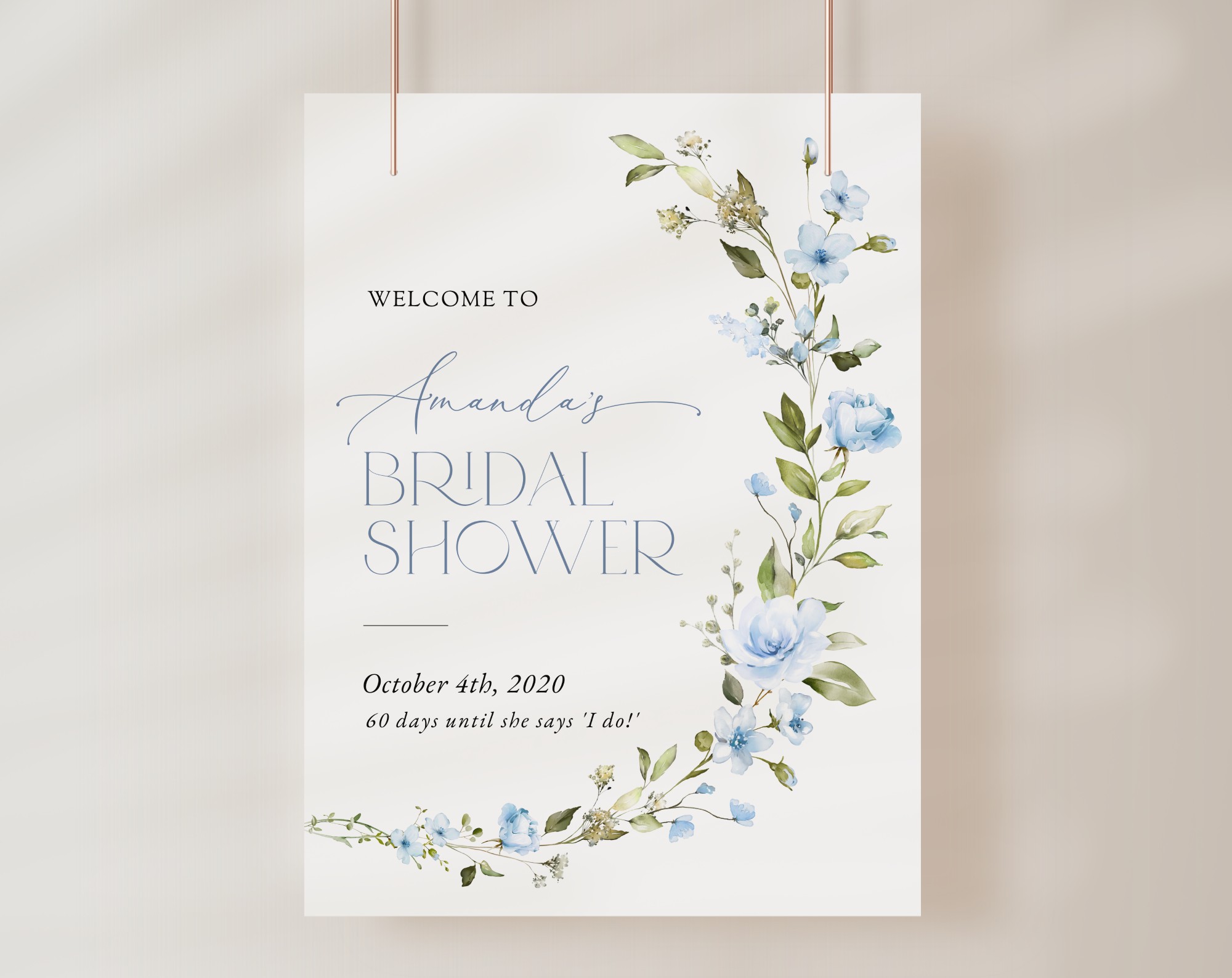 Blue Flowers Welcome Sign, Bridal Shower Sign, Printable File, Edit Yourself, SH49