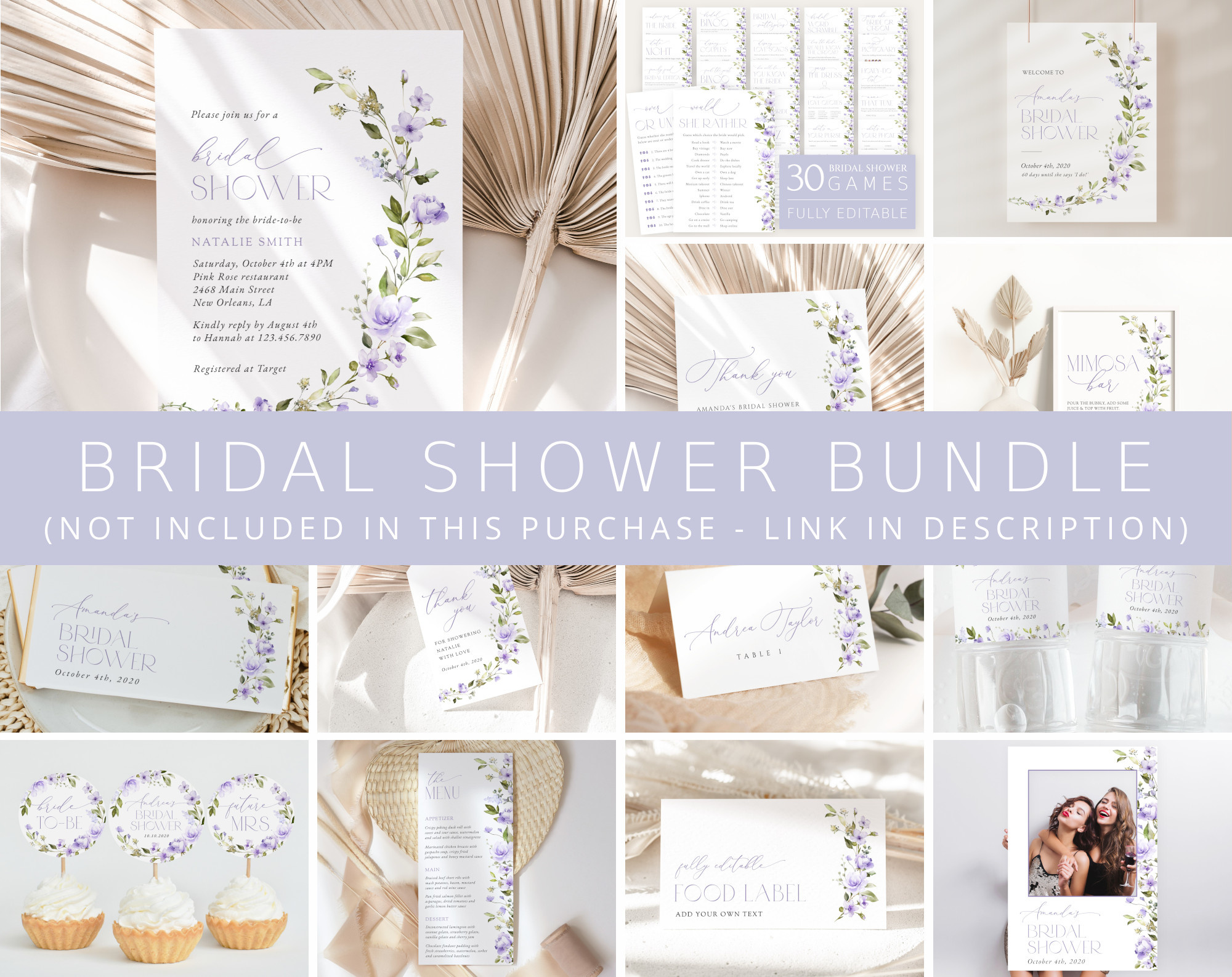 Purple Flowers Bridal Shower Bundle, Printable File, Edit Yourself, SH50 Purple Flowers Bridal Shower Bundle, Printable File, Edit Yourself, SH50