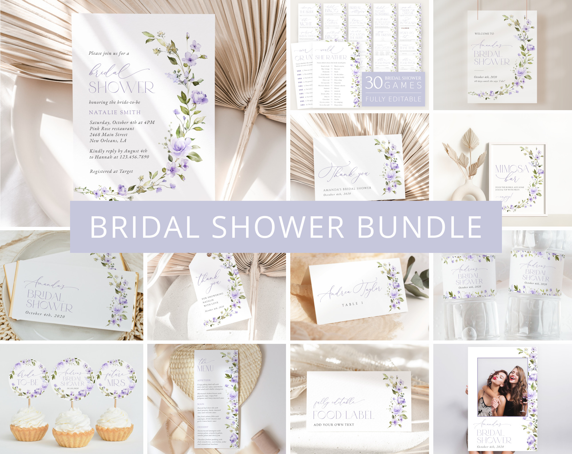Purple Flowers Bridal Shower Bundle, Printable File, Edit Yourself, SH50
