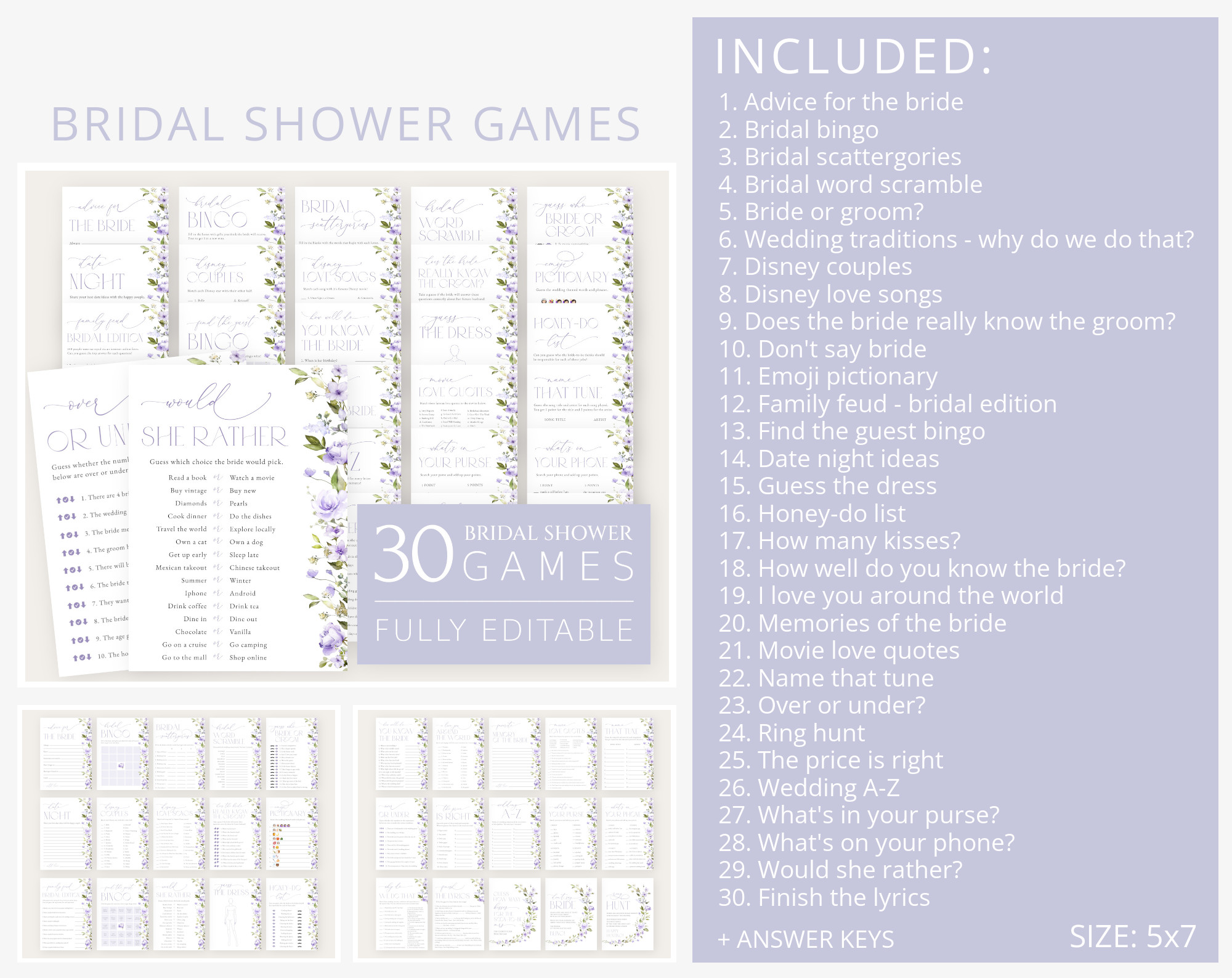 Purple Flowers Bridal Shower Bundle, Printable File, Edit Yourself, SH50 Purple Flowers Bridal Shower Bundle, Printable File, Edit Yourself, SH50