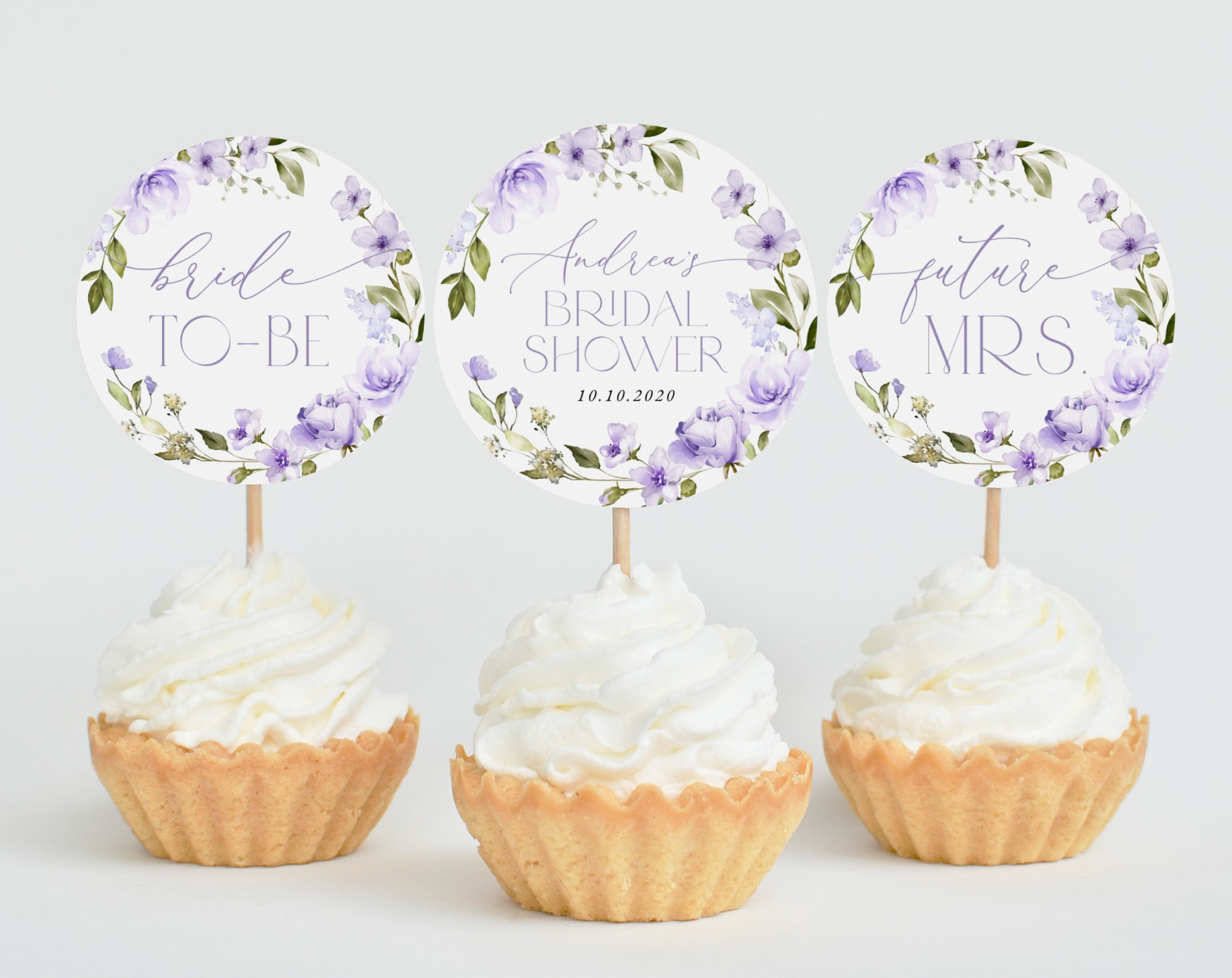 Purple Flowers Cupcake Toppers, Bridal Shower Decoration, Printable File, Edit Yourself, SH50