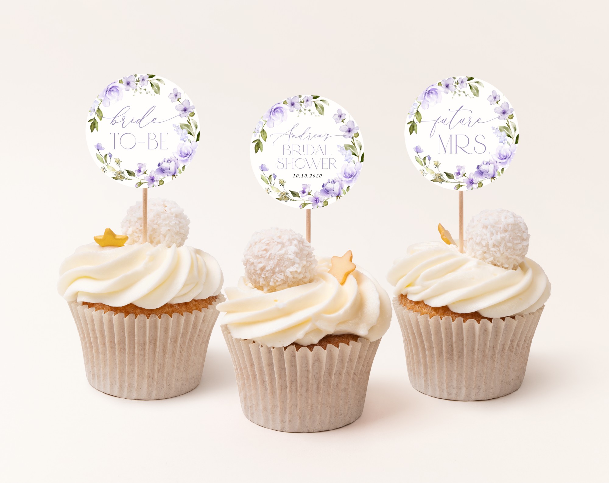 Purple Flowers Cupcake Toppers, Bridal Shower Decoration, Printable File, Edit Yourself, SH50