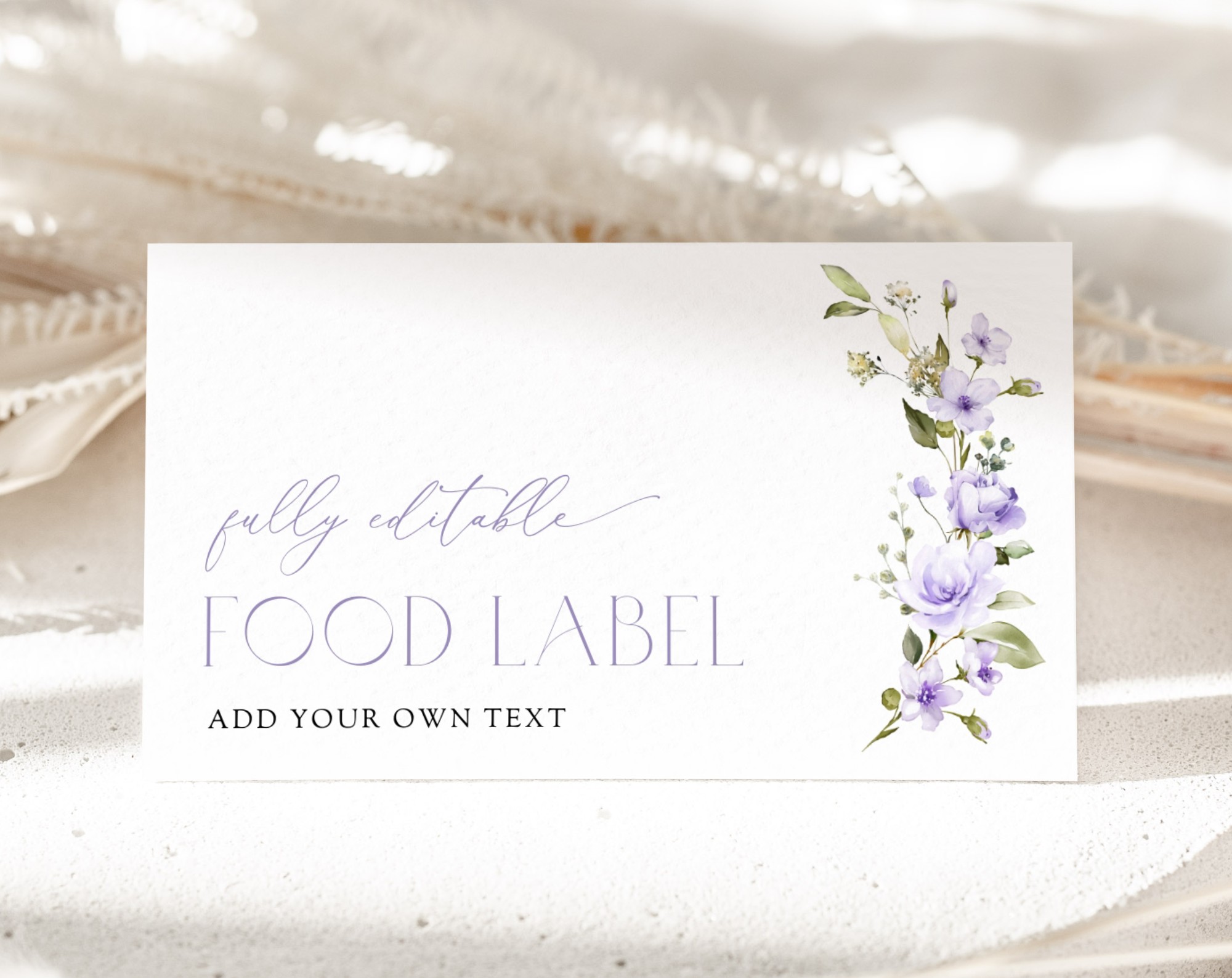 Purple Flowers Food Label, Bridal Shower Decoration, Printable File, Edit Yourself, SH50