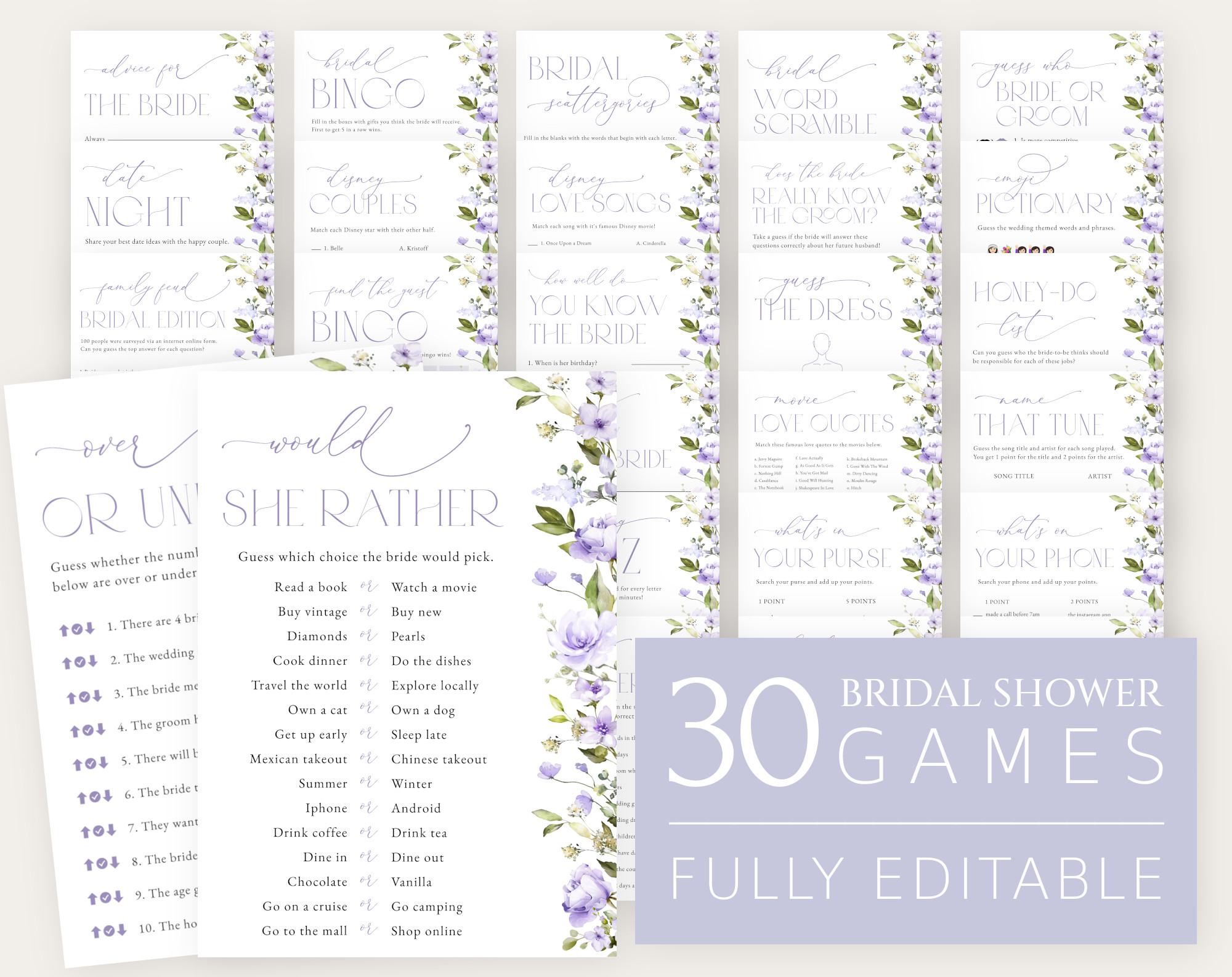 Purple Flowers Bridal Shower Games Bundle, Set of 30 Games, Printable File, Edit Yourself, SH50 Purple Flowers Bridal Shower Games Bundle, Set of 30 Games, Printable File, Edit Yourself, SH50