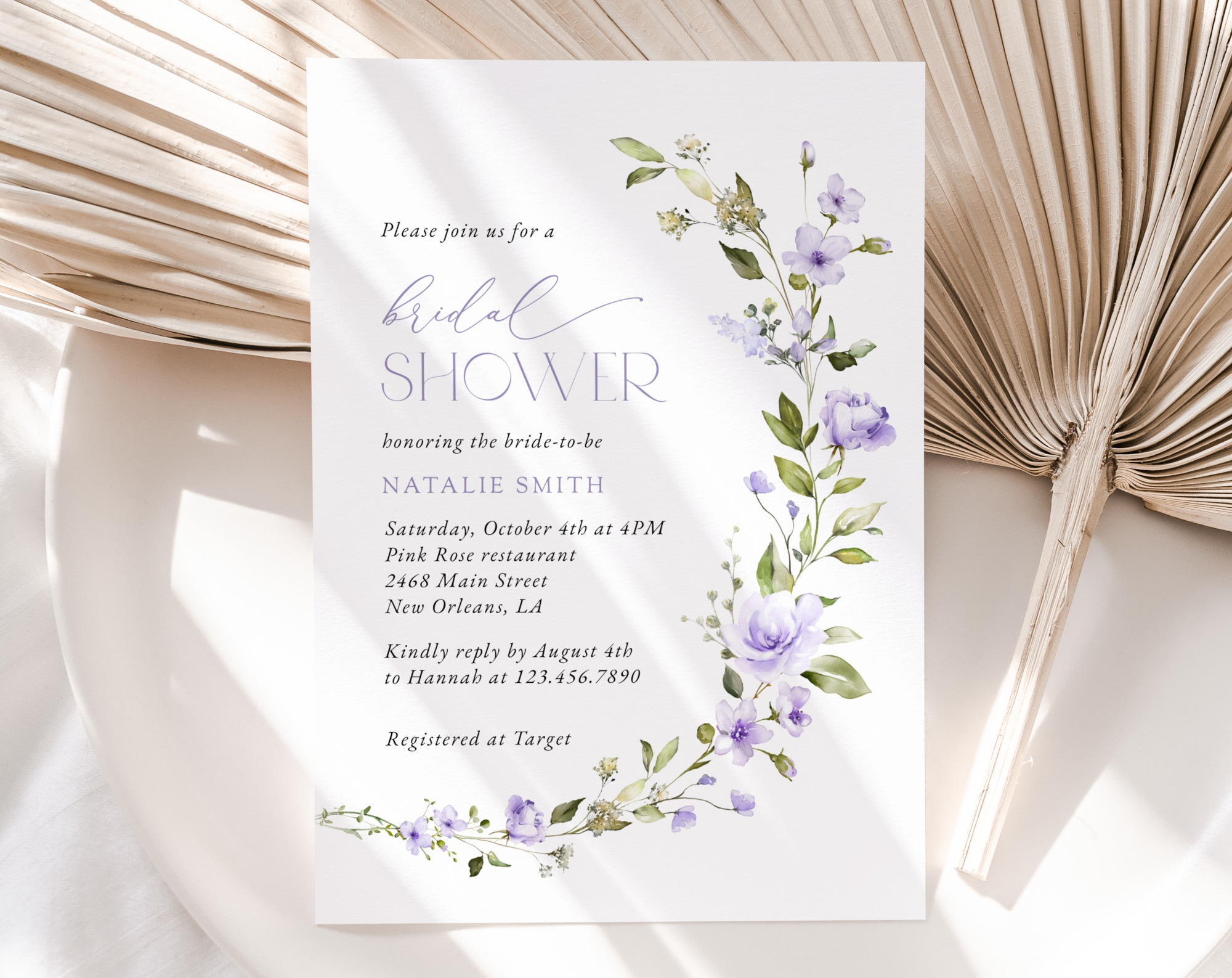 Purple Flowers Bridal Shower Invitation, Bridal Stationery, Printable File, Edit Yourself, SH50