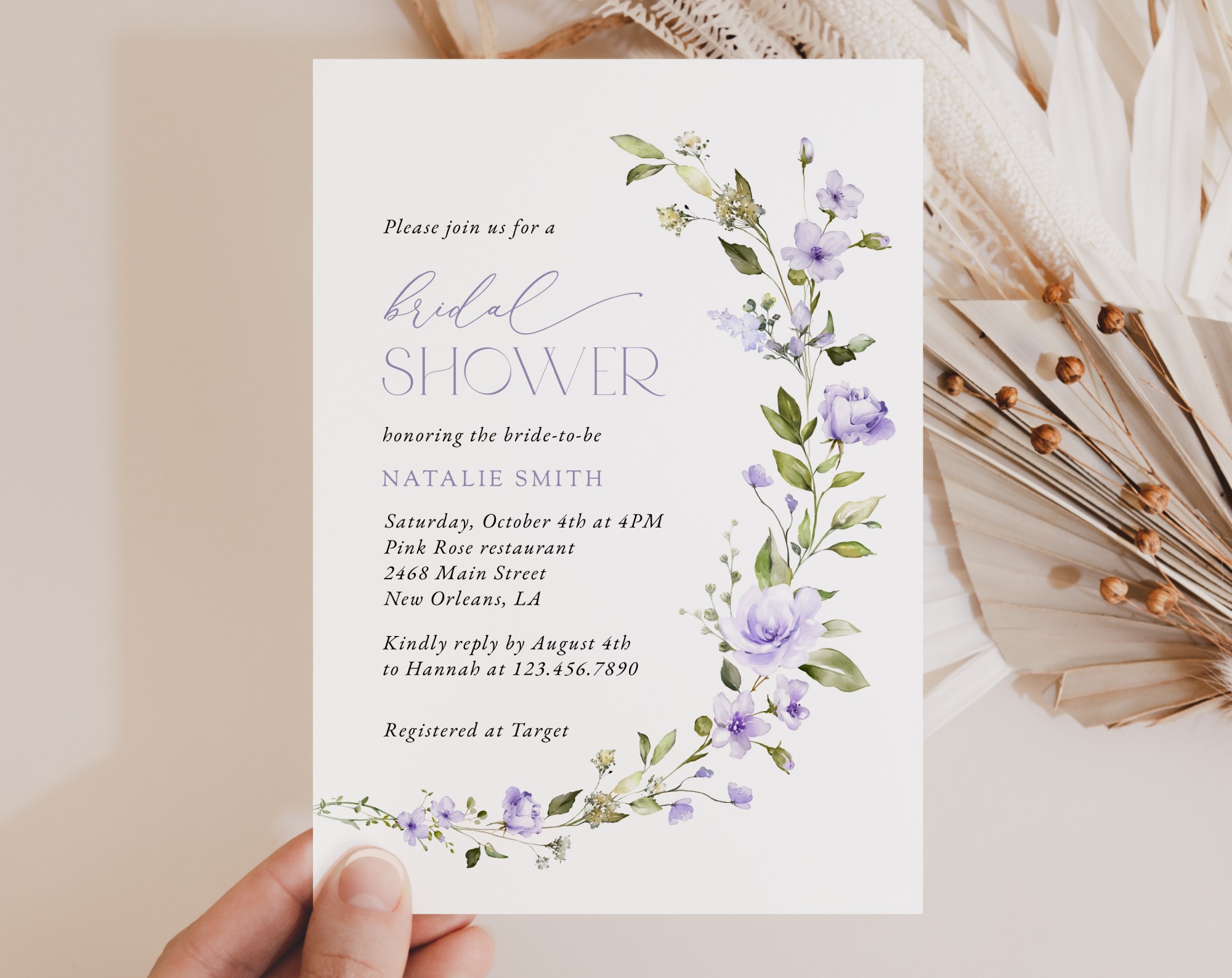 Purple Flowers Bridal Shower Invitation, Bridal Stationery, Printable File, Edit Yourself, SH50