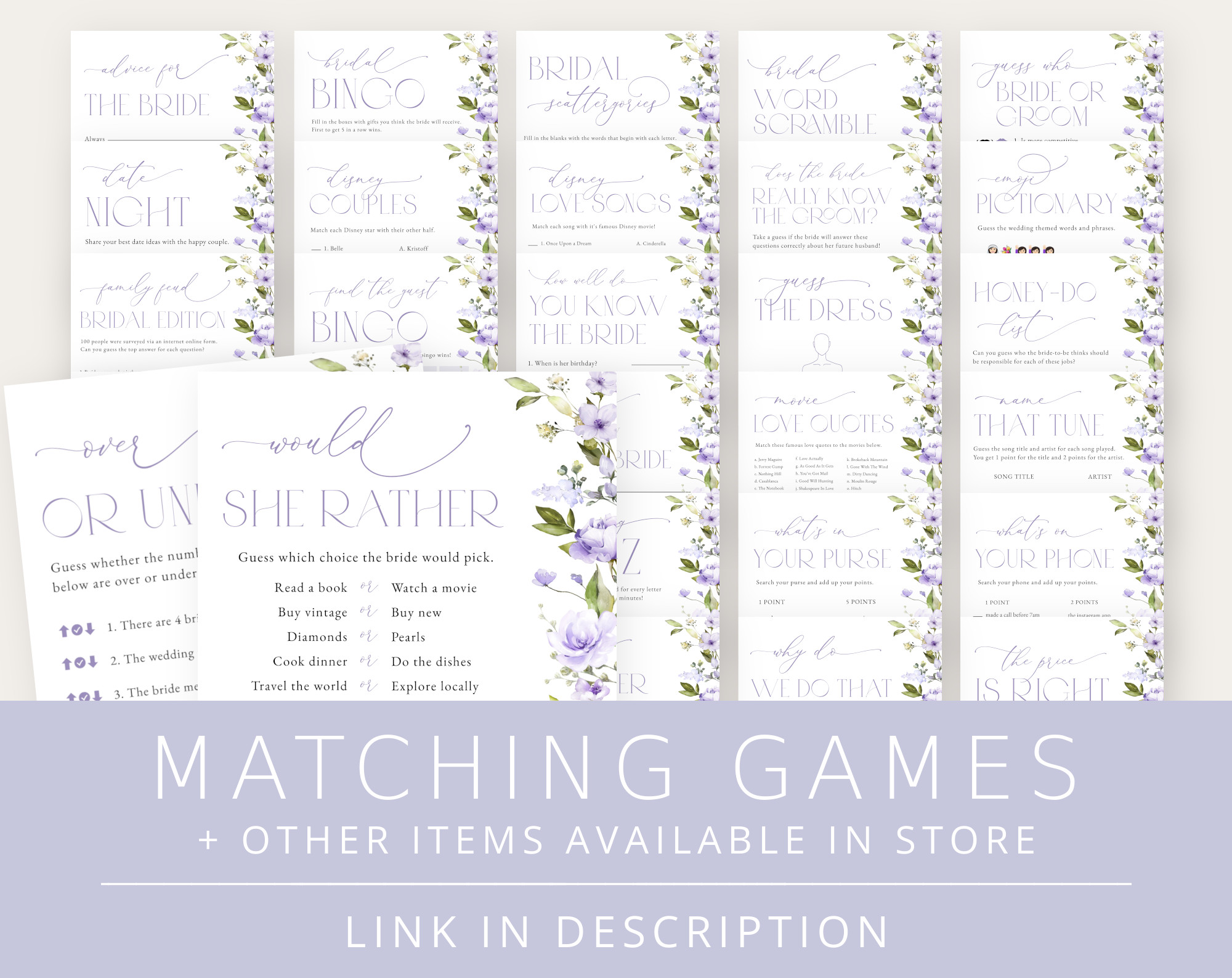 Purple Flowers Bridal Shower Games Bundle, Set of 30 Games, Printable File, Edit Yourself, SH50 Purple Flowers Bridal Shower Games Bundle, Set of 30 Games, Printable File, Edit Yourself, SH50