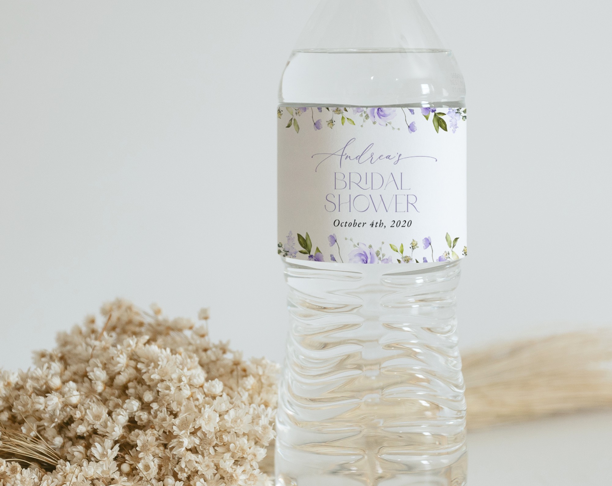 Purple Flowers Water Bottle Labels, Bridal Shower Decoration, Printable File, Edit Yourself, SH50