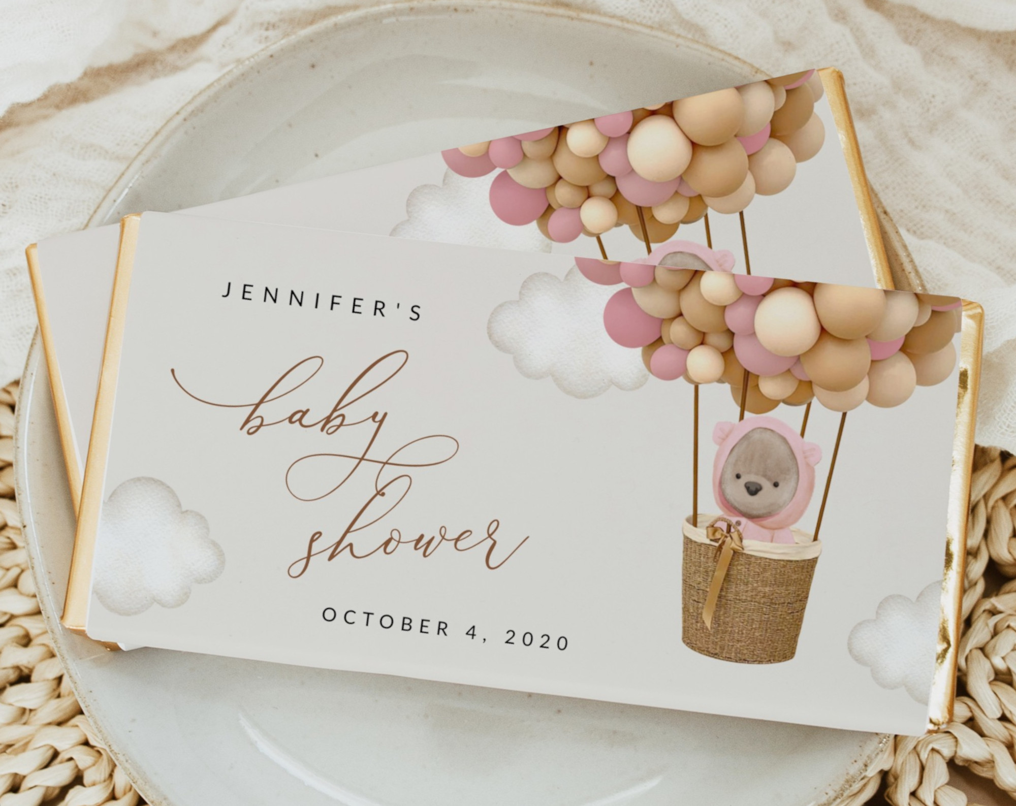 Bear and Pink Balloons Chocolate Bar Wrapper, Candy Bar Wrapper, Girl Baby Shower, Printable File, Edit Yourself, SH51
