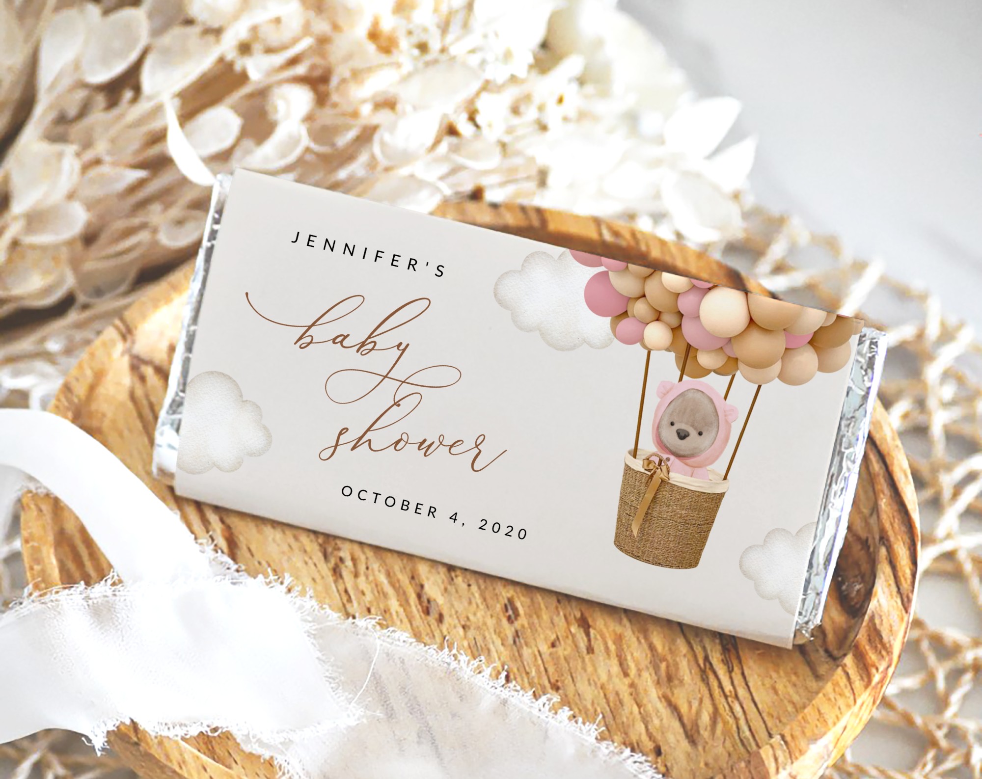 Bear and Pink Balloons Chocolate Bar Wrapper, Candy Bar Wrapper, Girl Baby Shower, Printable File, Edit Yourself, SH51