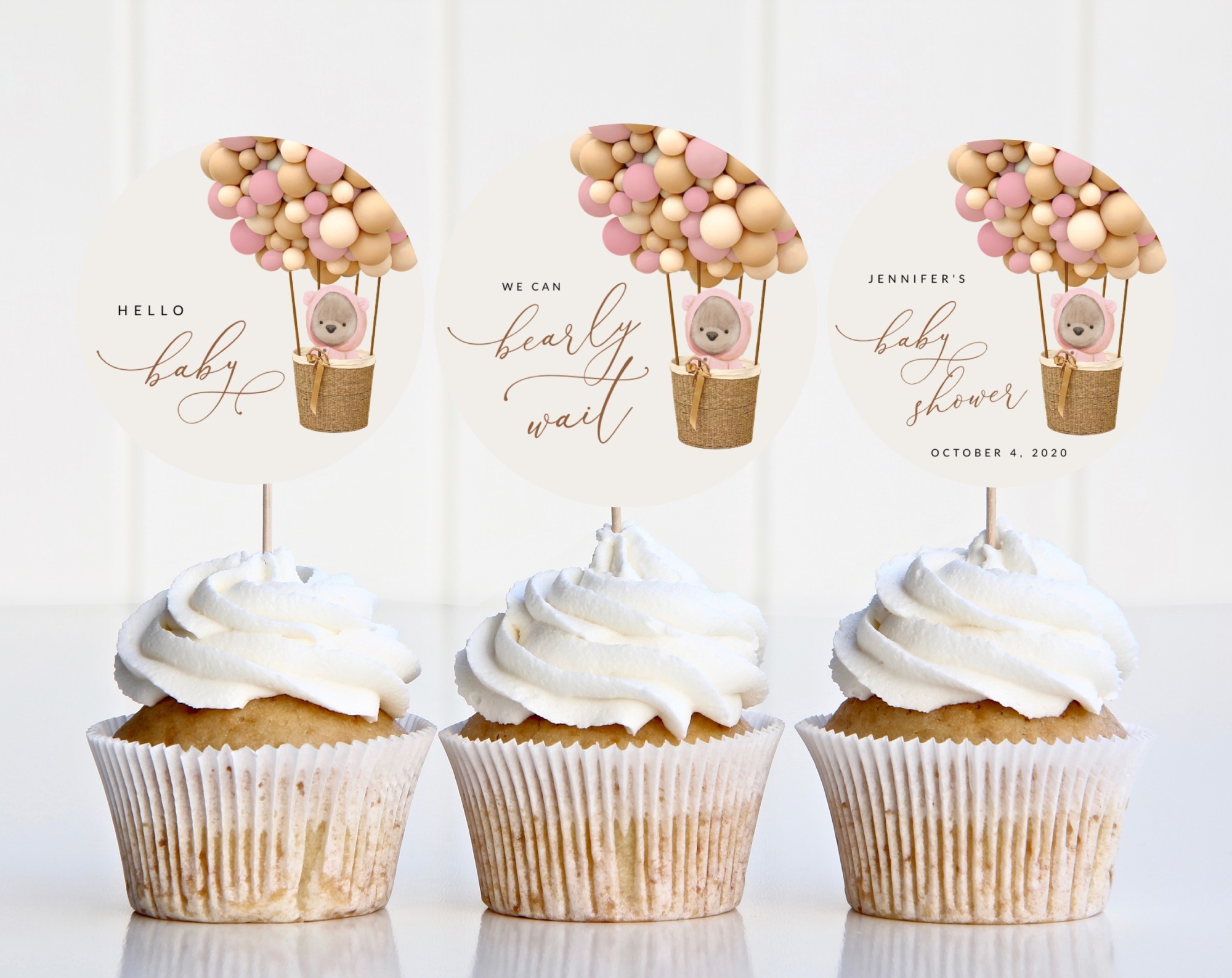 Bear and Pink Balloons Cupcake Toppers, Baby Shower Decoration, Girl Baby Shower, Printable File, Edit Yourself, SH51 Bear and Pink Balloons Cupcake Toppers, Baby Shower Decoration, Girl Baby Shower, Printable File, Edit Yourself, SH51