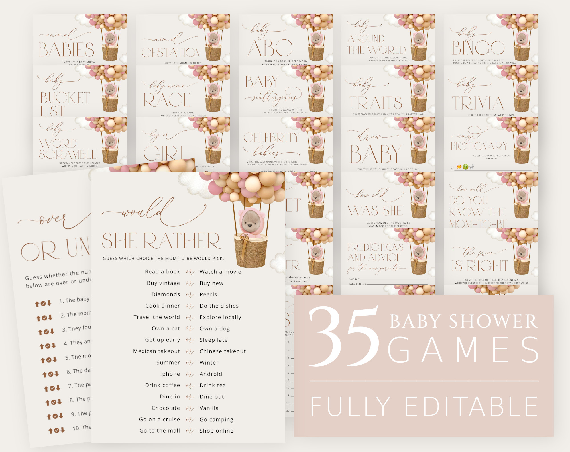 Bear and Pink Balloons Baby Shower Games Bundle, Set of 35 Games, Girl Baby Shower, Printable File, Edit Yourself, SH51 Bear and Pink Balloons Baby Shower Games Bundle, Set of 35 Games, Girl Baby Shower, Printable File, Edit Yourself, SH51
