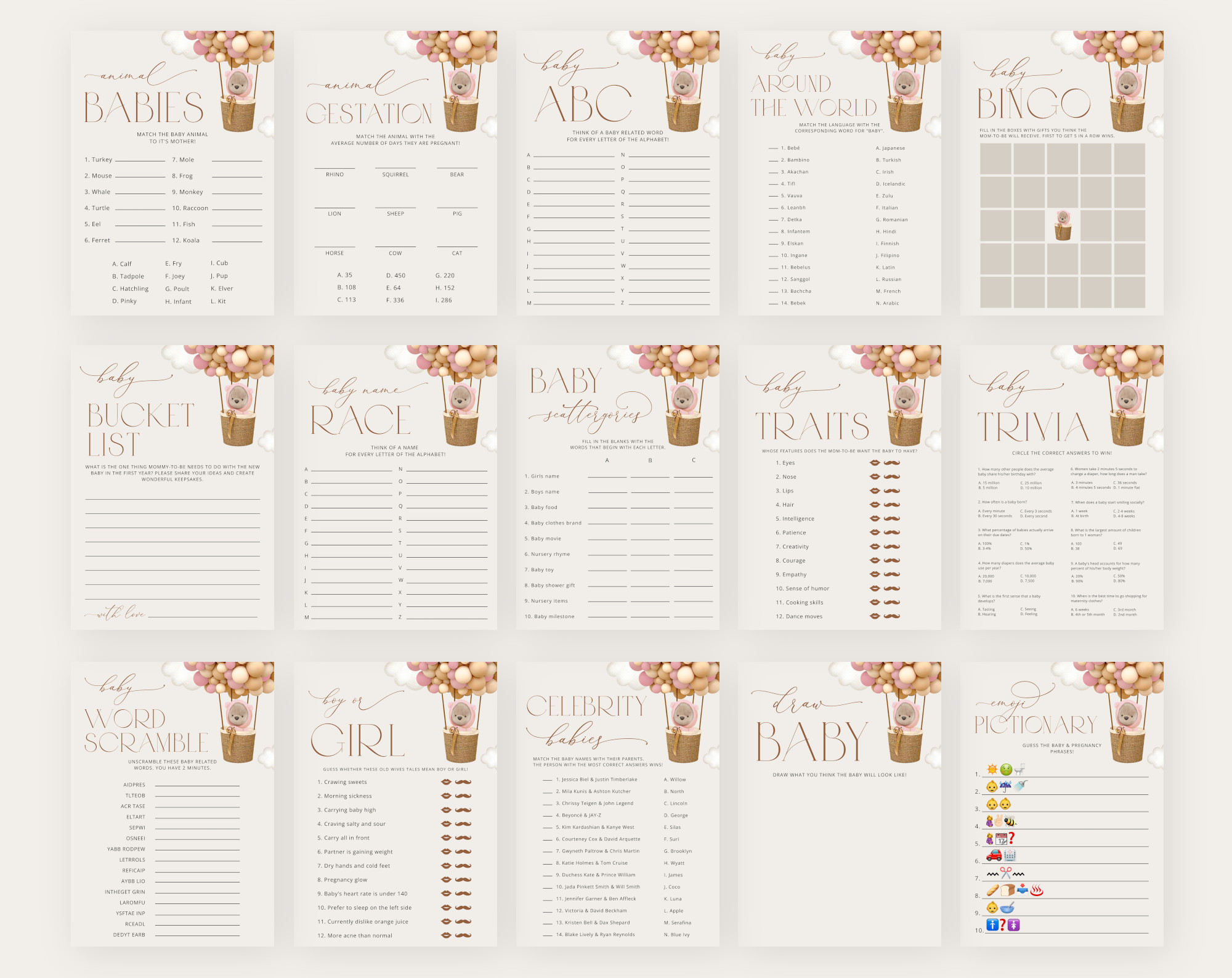 Bear and Pink Balloons Baby Shower Games Bundle, Set of 35 Games, Girl Baby Shower, Printable File, Edit Yourself, SH51 Bear and Pink Balloons Baby Shower Games Bundle, Set of 35 Games, Girl Baby Shower, Printable File, Edit Yourself, SH51