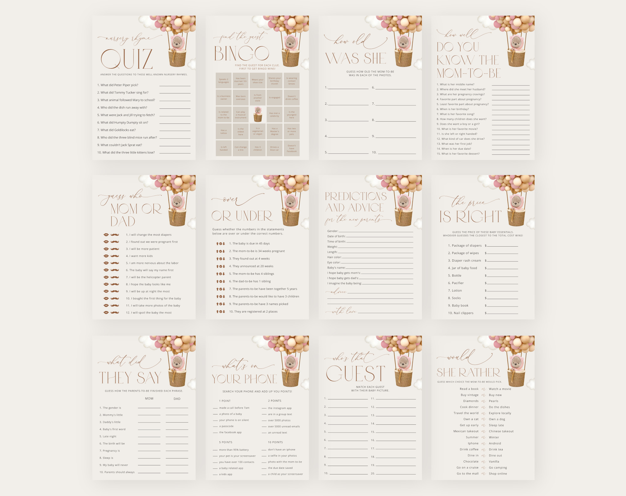 Bear and Pink Balloons Baby Shower Games Bundle, Set of 35 Games, Girl Baby Shower, Printable File, Edit Yourself, SH51 Bear and Pink Balloons Baby Shower Games Bundle, Set of 35 Games, Girl Baby Shower, Printable File, Edit Yourself, SH51