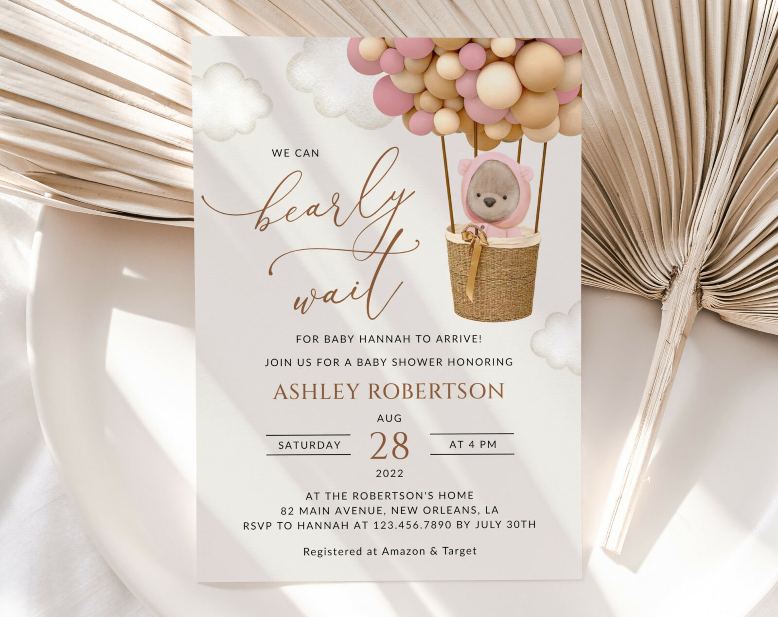 Bear and Pink Balloons Baby Shower Invitation - Baby Stationery