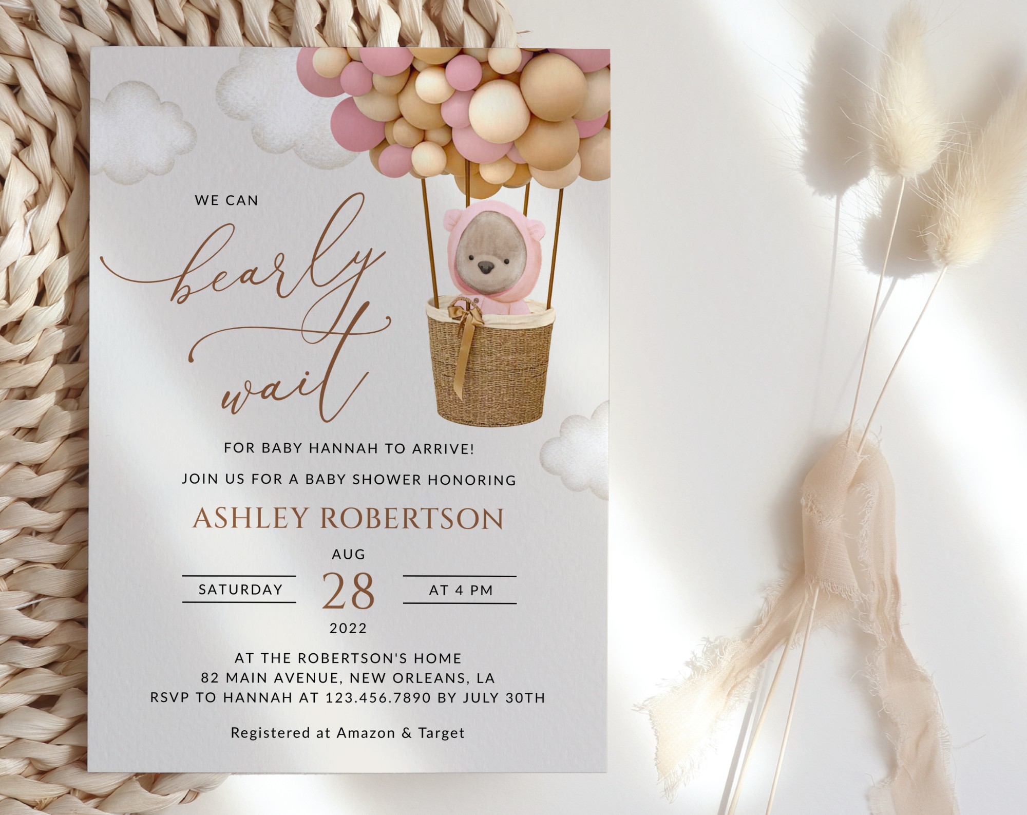 Bear and Pink Balloons Baby Shower Invitation, Girl Baby Shower, Printable File, Edit Yourself, SH51 Bear and Pink Balloons Baby Shower Invitation, Girl Baby Shower, Printable File, Edit Yourself, SH51