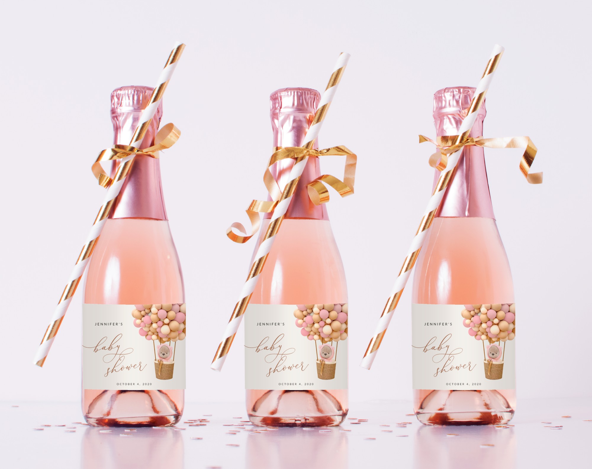 Bear and Pink Balloons Mini Champagne Labels, Baby Shower Decoration, Girl Baby Shower, Printable File, Edit Yourself, SH51