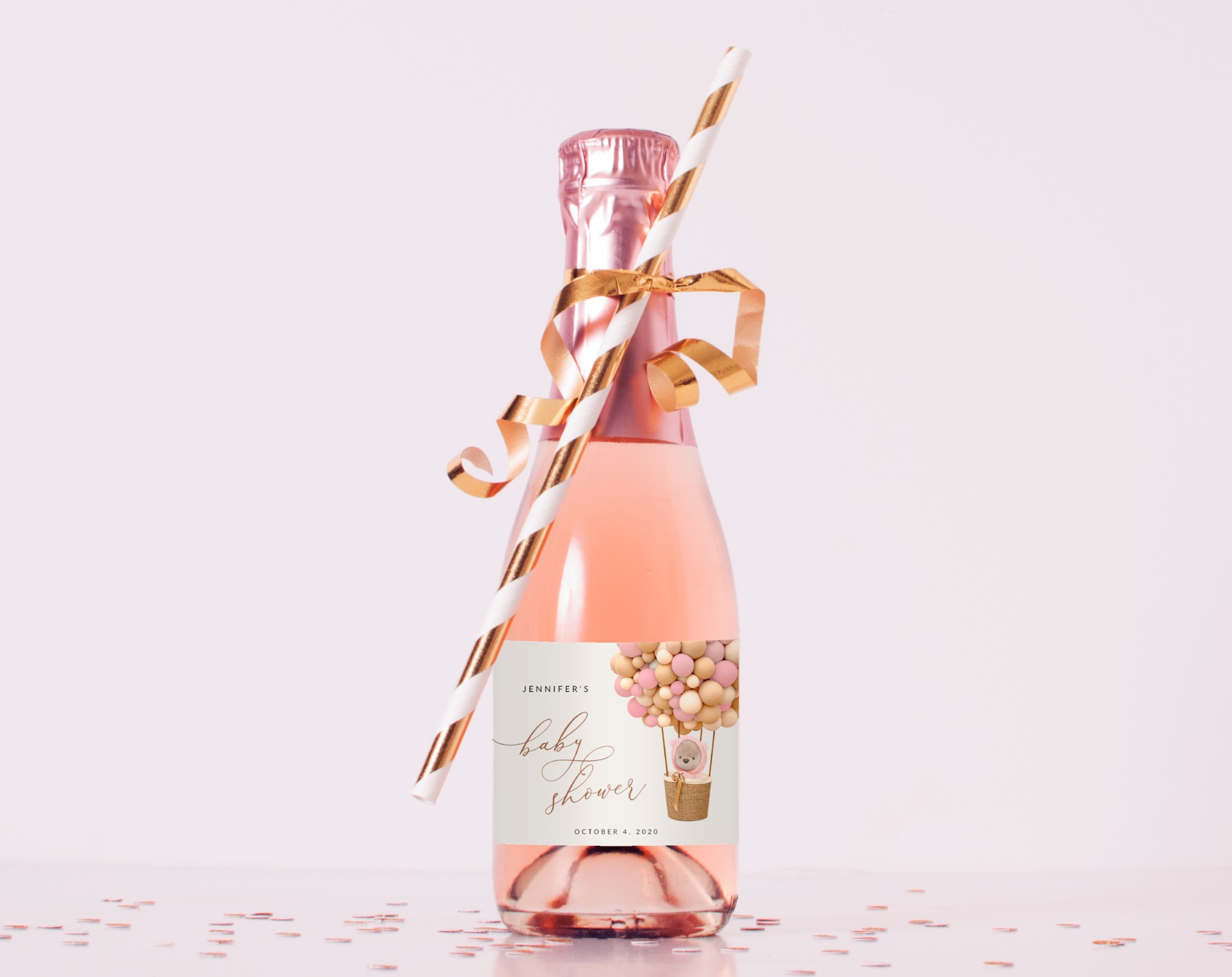 Bear and Pink Balloons Mini Champagne Labels, Baby Shower Decoration, Girl Baby Shower, Printable File, Edit Yourself, SH51
