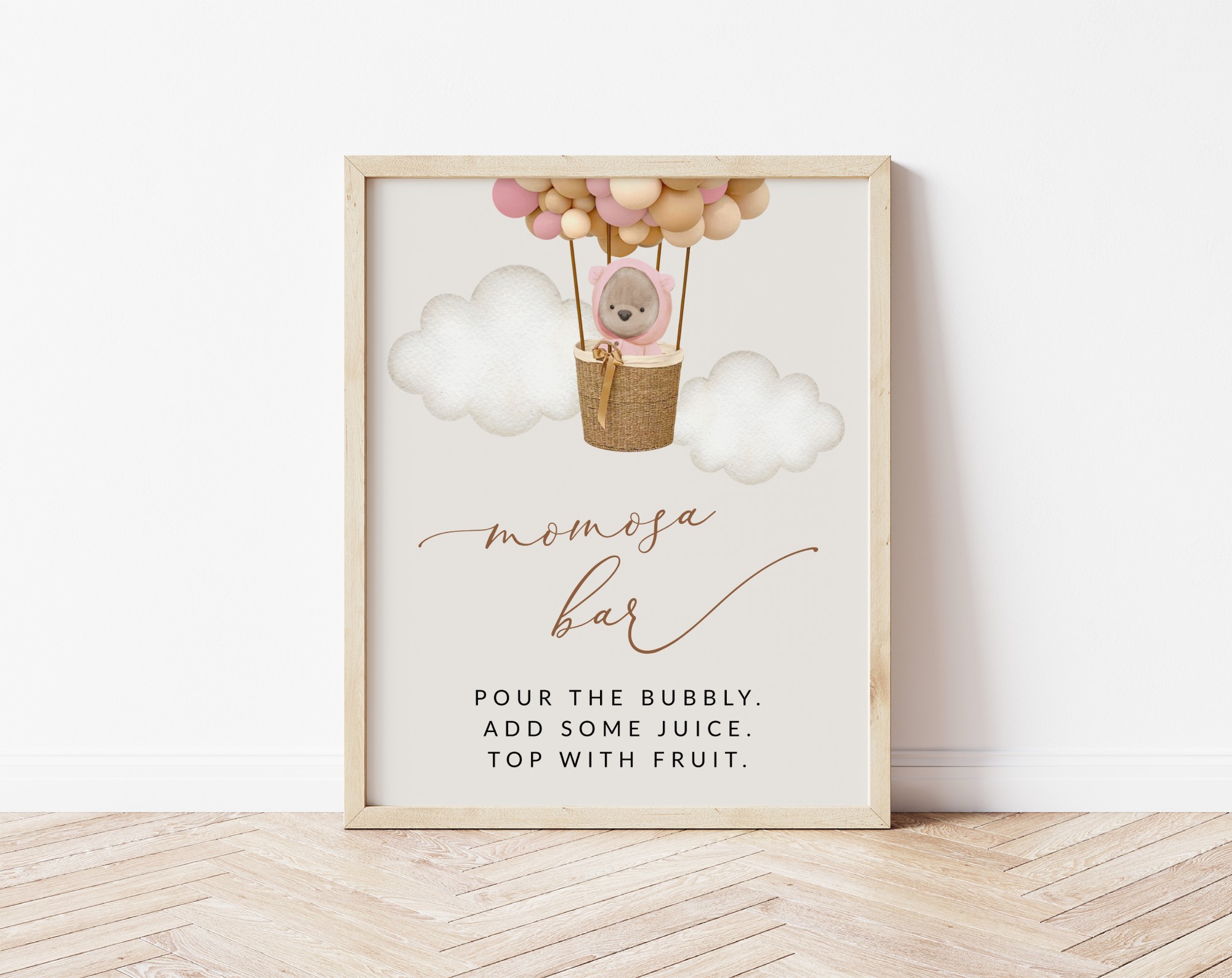 Bear and Pink Balloons Momosa Bar Sign, Baby Shower Sign, Girl Baby Shower, Printable File, Edit Yourself, SH51