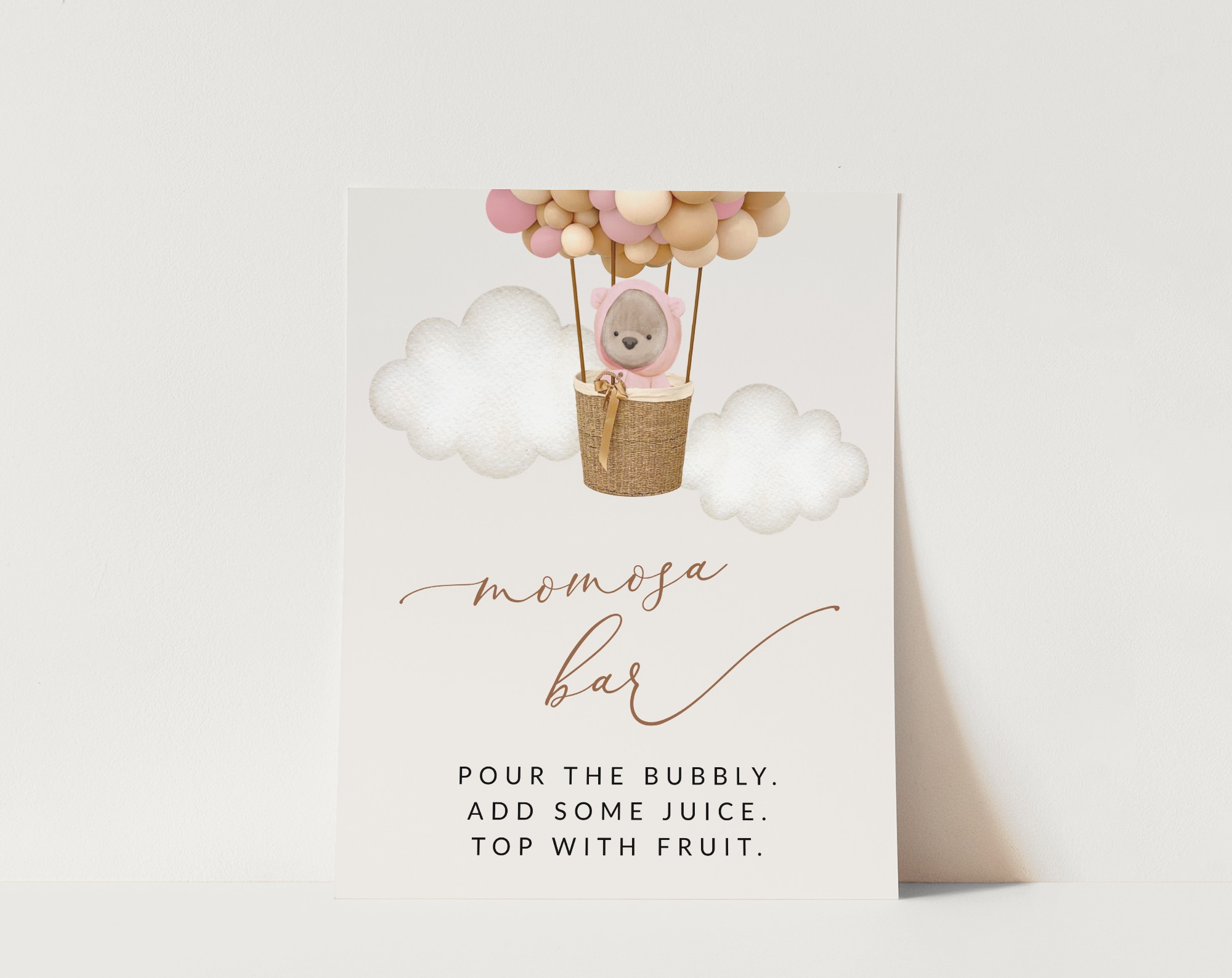 Bear and Pink Balloons Momosa Bar Sign, Baby Shower Sign, Girl Baby Shower, Printable File, Edit Yourself, SH51