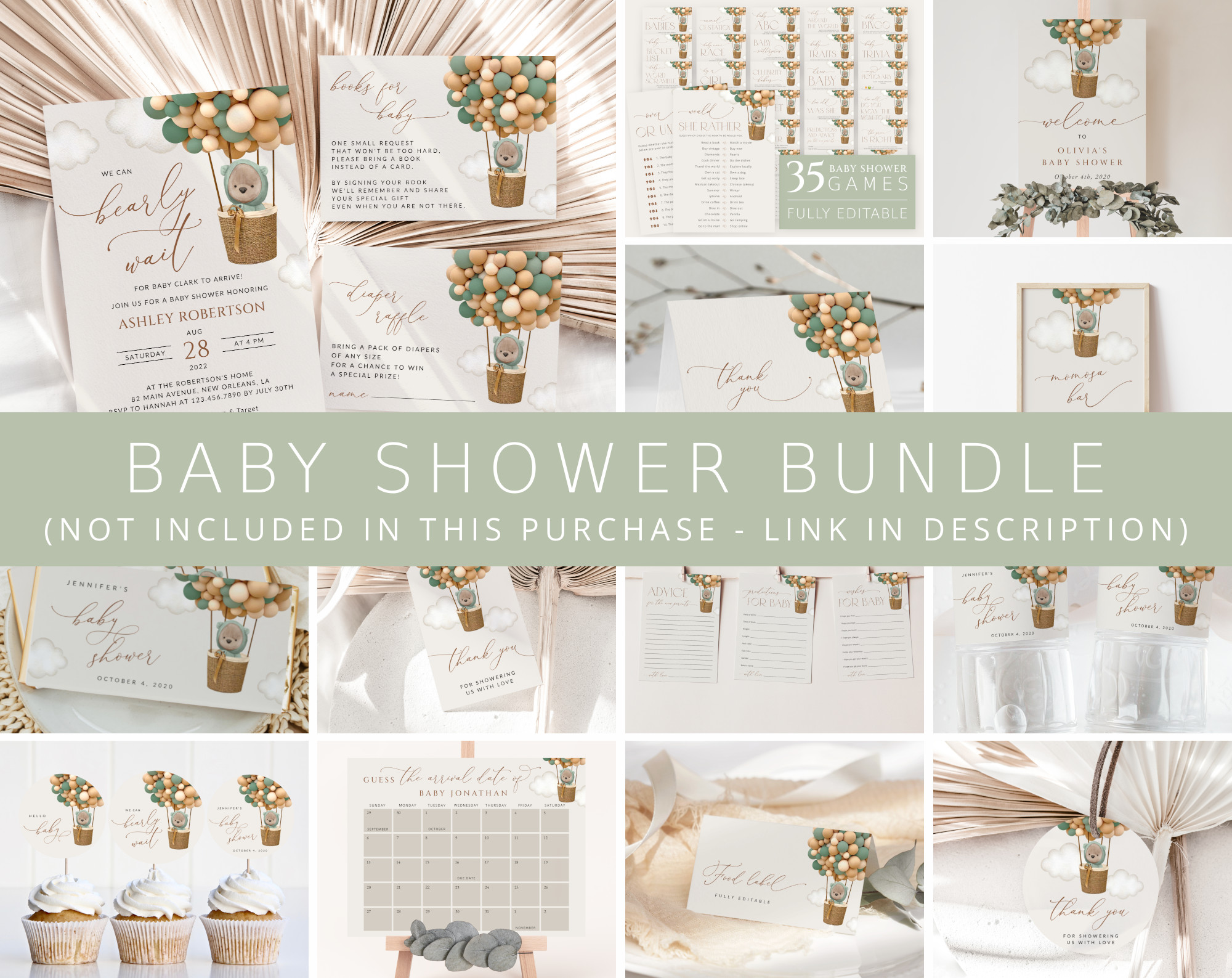 Bear and Green Balloons Baby Shower Bundle, Gender Neutral Baby Shower, Printable File, Edit Yourself, SH52 Bear and Green Balloons Baby Shower Bundle, Gender Neutral Baby Shower, Printable File, Edit Yourself, SH52