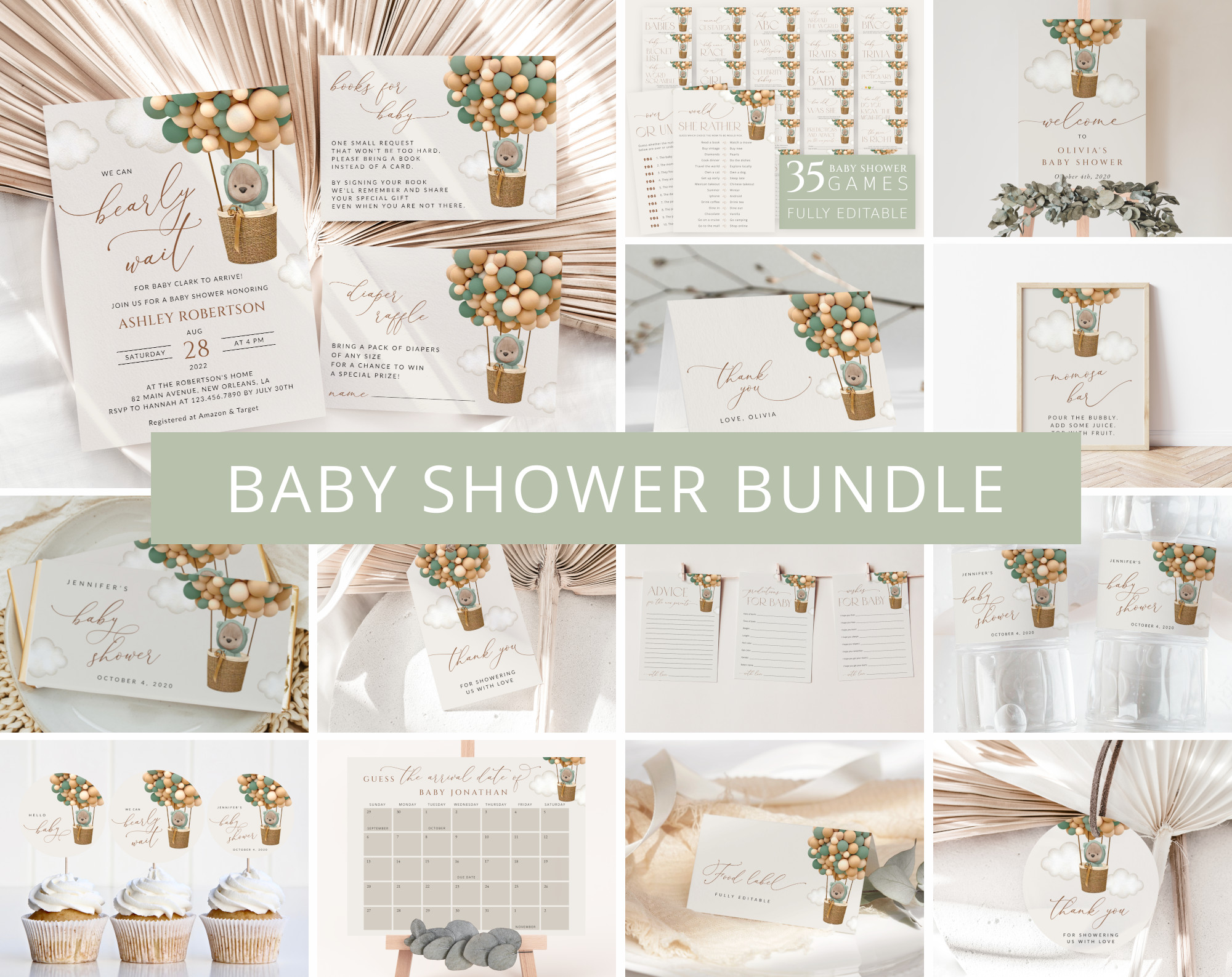 Bear and Green Balloons Baby Shower Bundle, Gender Neutral Baby Shower, Printable File, Edit Yourself, SH52 Bear and Green Balloons Baby Shower Bundle, Gender Neutral Baby Shower, Printable File, Edit Yourself, SH52