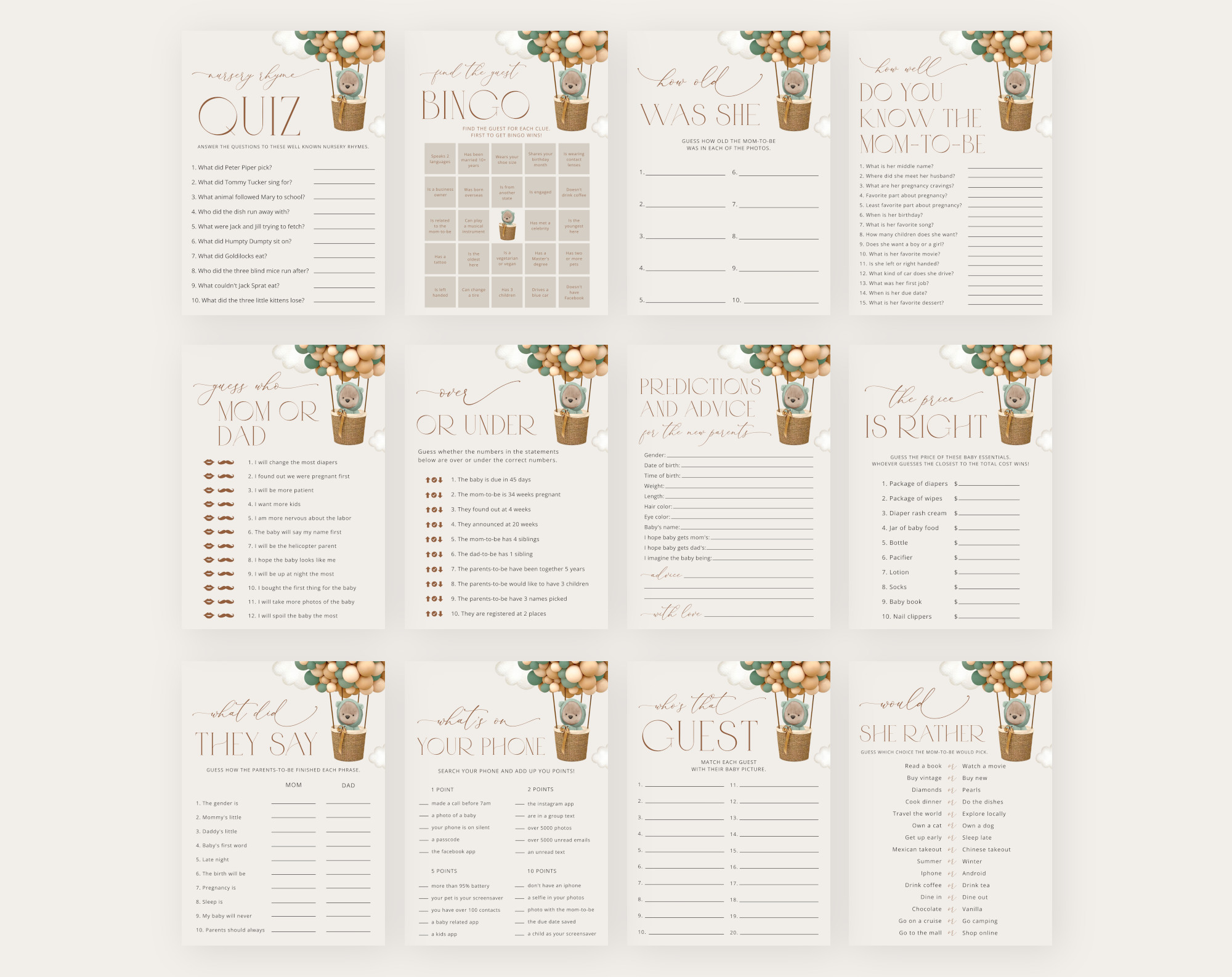 Bear and Green Balloons Baby Shower Games Bundle, Set of 35 Games, Gender Neutral Baby Shower, Printable File, Edit Yourself, SH52 Bear and Green Balloons Baby Shower Games Bundle, Set of 35 Games, Gender Neutral Baby Shower, Printable File, Edit Yourself, SH52