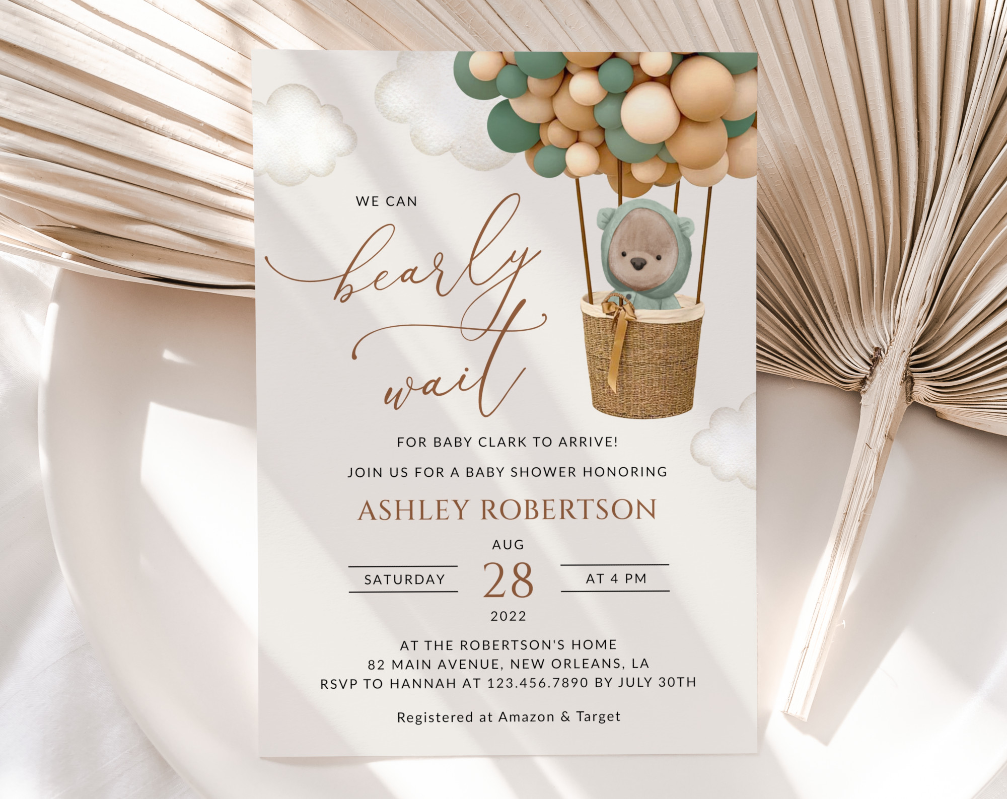 Bear and Green Balloons Baby Shower Invitation, Gender Neutral Baby Shower, Printable File, Edit Yourself, SH52