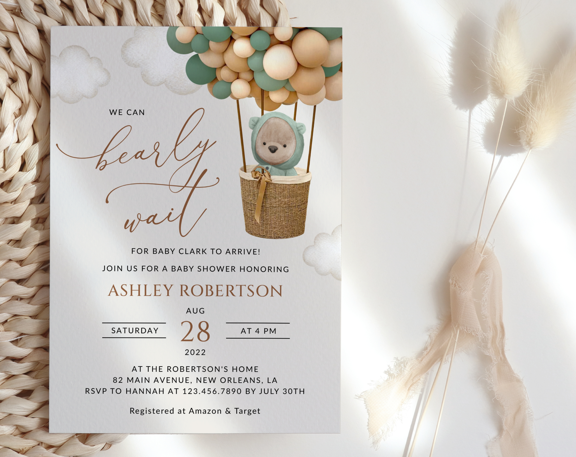 Bear and Green Balloons Baby Shower Invitation, Gender Neutral Baby Shower, Printable File, Edit Yourself, SH52 Bear and Green Balloons Baby Shower Invitation, Gender Neutral Baby Shower, Printable File, Edit Yourself, SH52