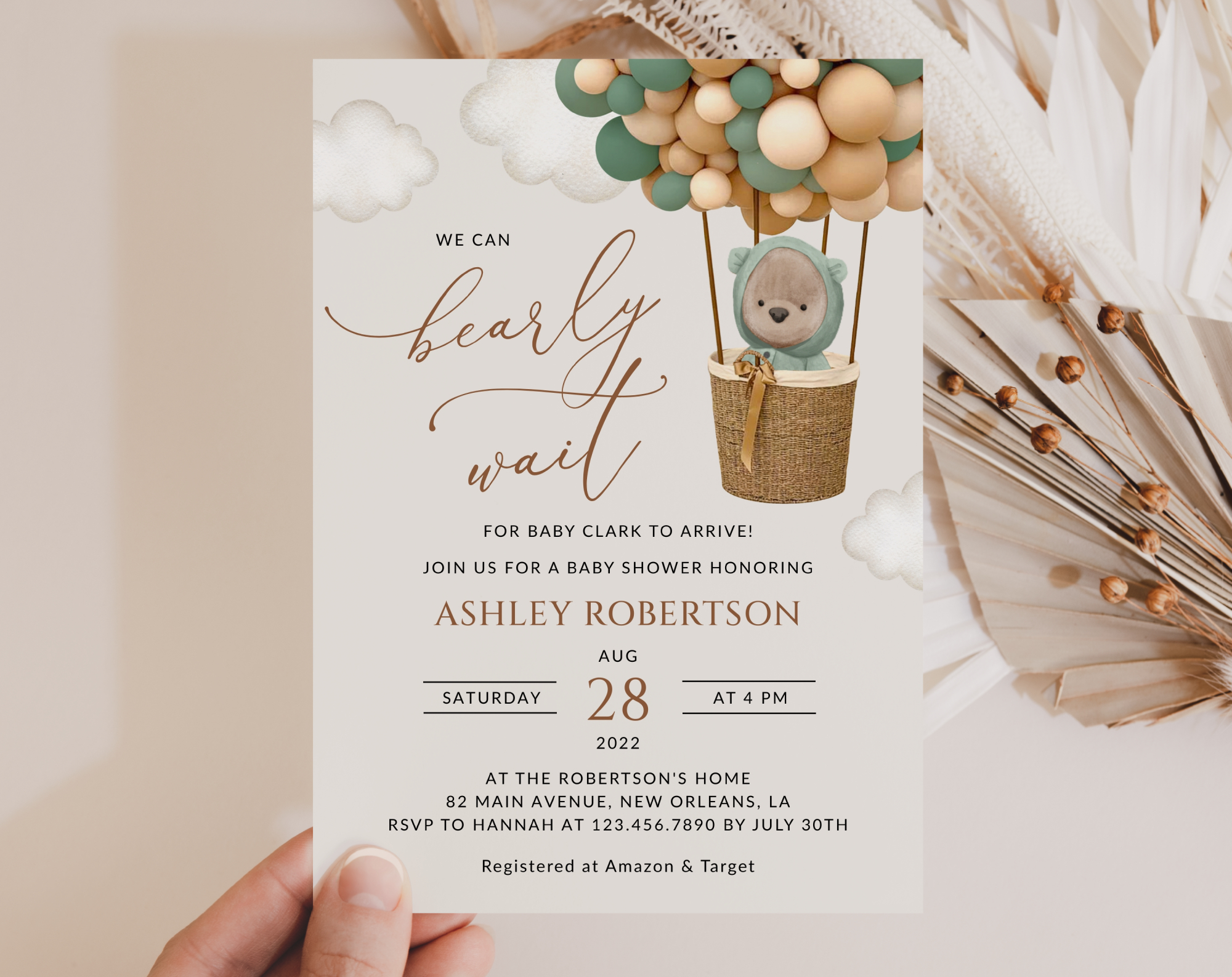 Bear and Green Balloons Baby Shower Invitation, Gender Neutral Baby Shower, Printable File, Edit Yourself, SH52