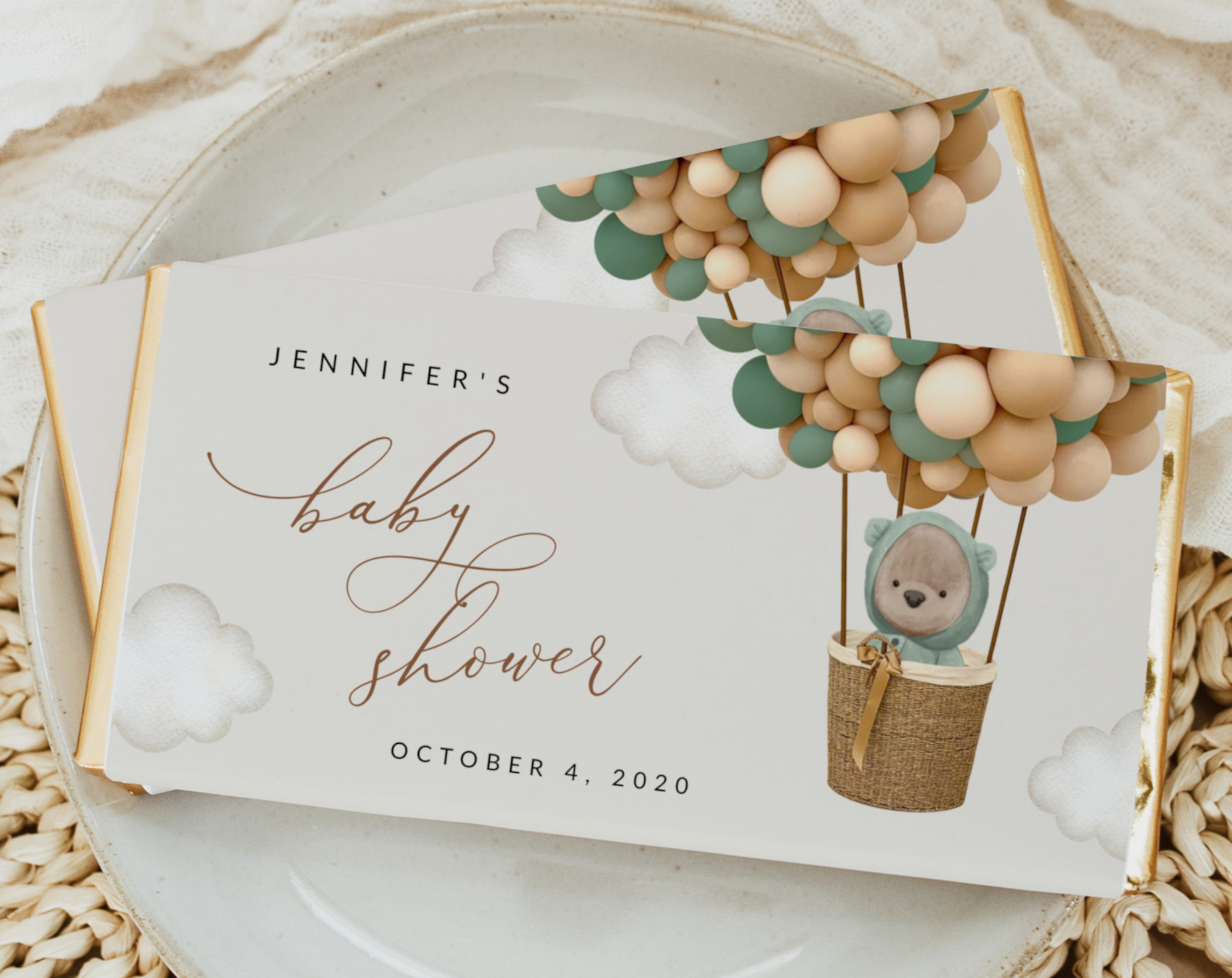 Bear and Green Balloons Chocolate Bar Wrapper, Candy Bar Wrapper, Gender Neutral Baby Shower, Printable File, Edit Yourself, SH52