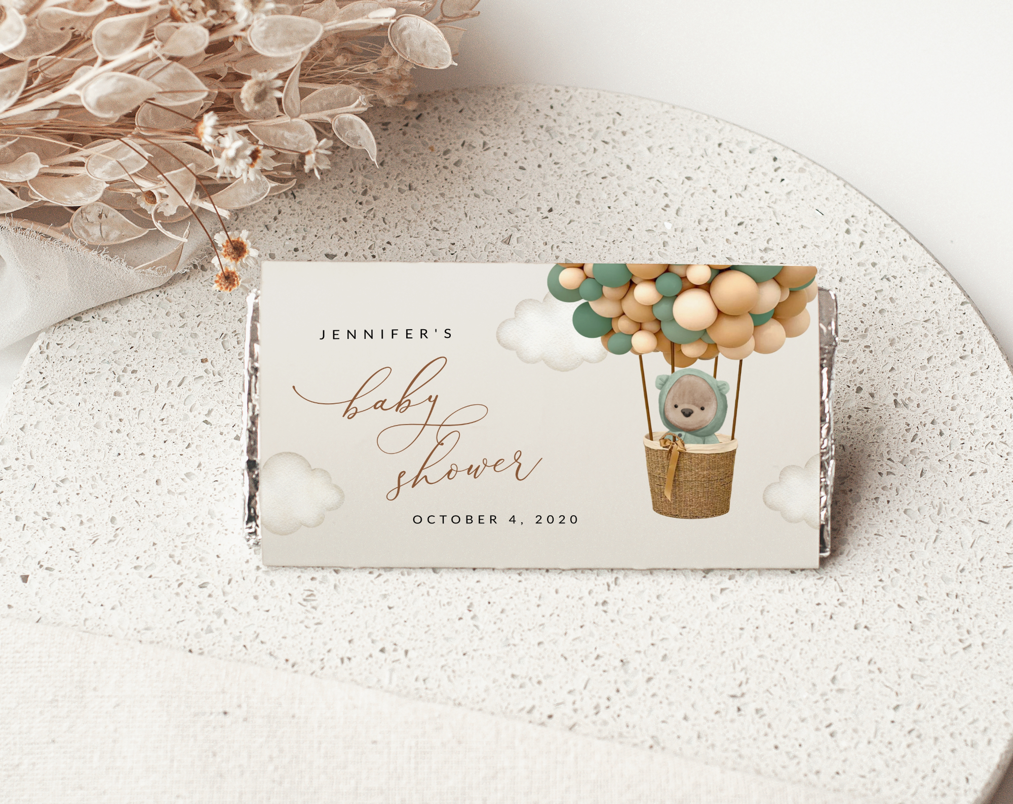 Bear and Green Balloons Chocolate Bar Wrapper, Candy Bar Wrapper, Gender Neutral Baby Shower, Printable File, Edit Yourself, SH52