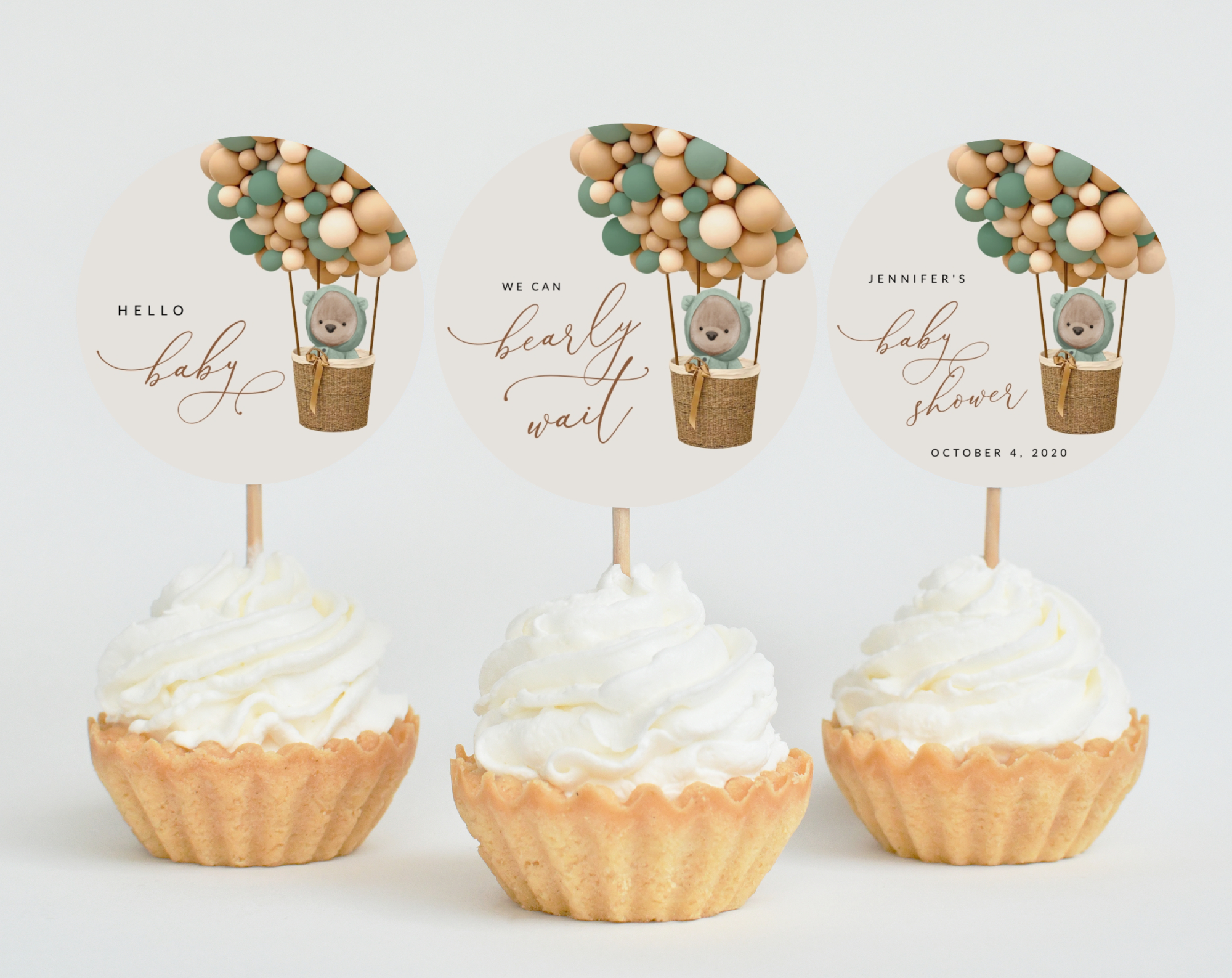 Bear and Green Balloons Cupcake Toppers, Baby Shower Decoration, Gender Neutral Baby Shower, Printable File, Edit Yourself, SH52