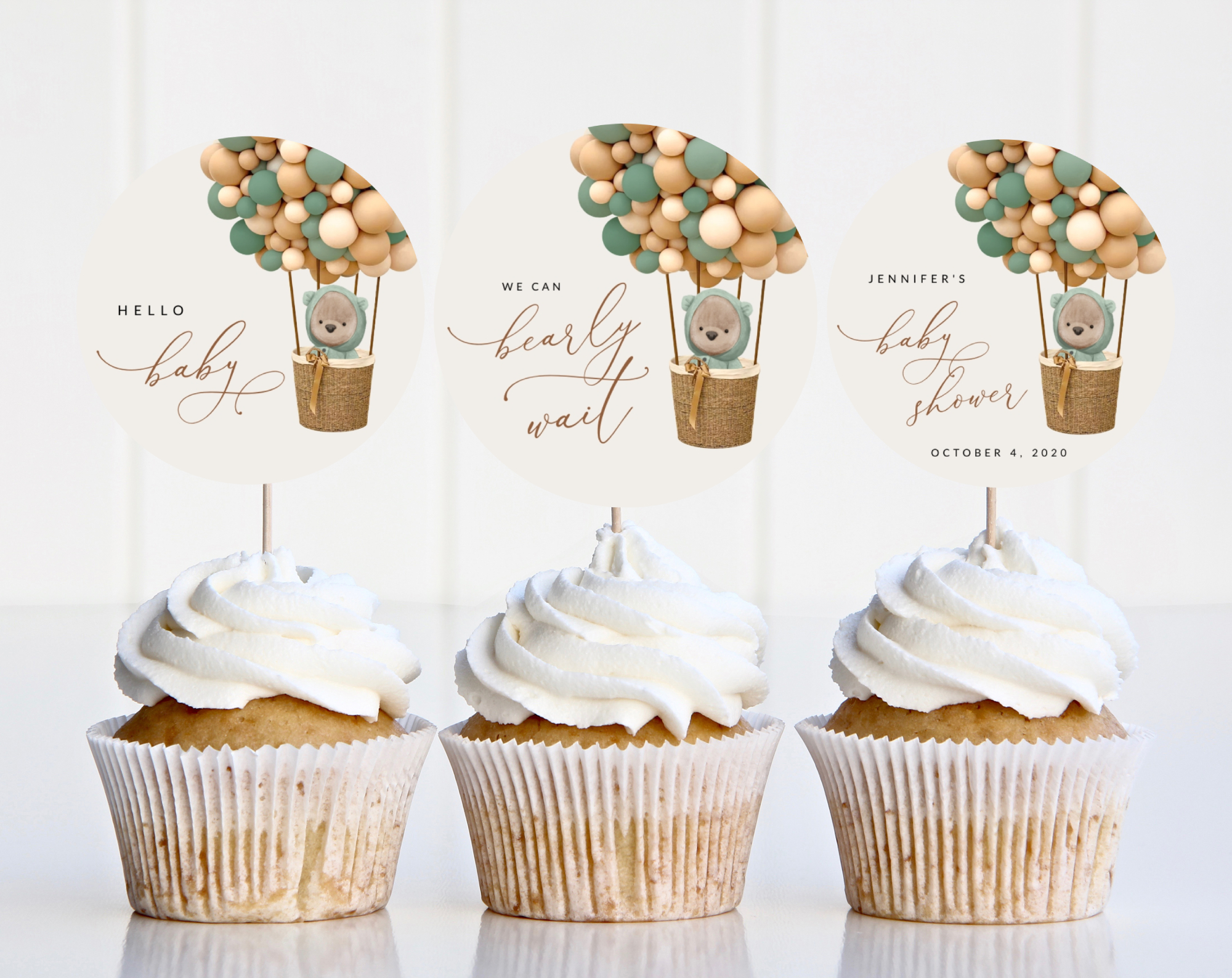 Bear and Green Balloons Cupcake Toppers, Baby Shower Decoration, Gender Neutral Baby Shower, Printable File, Edit Yourself, SH52