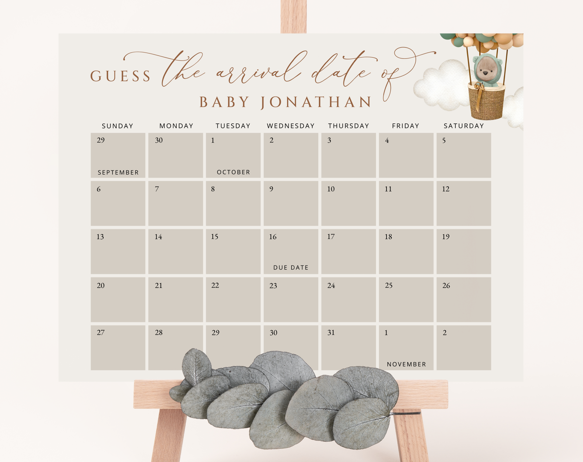 Bear and Green Balloons Guess the Due Date, Baby Shower Game, Gender Neutral Baby Shower, Printable File, Edit Yourself, SH52 Bear and Green Balloons Guess the Due Date, Baby Shower Game, Gender Neutral Baby Shower, Printable File, Edit Yourself, SH52