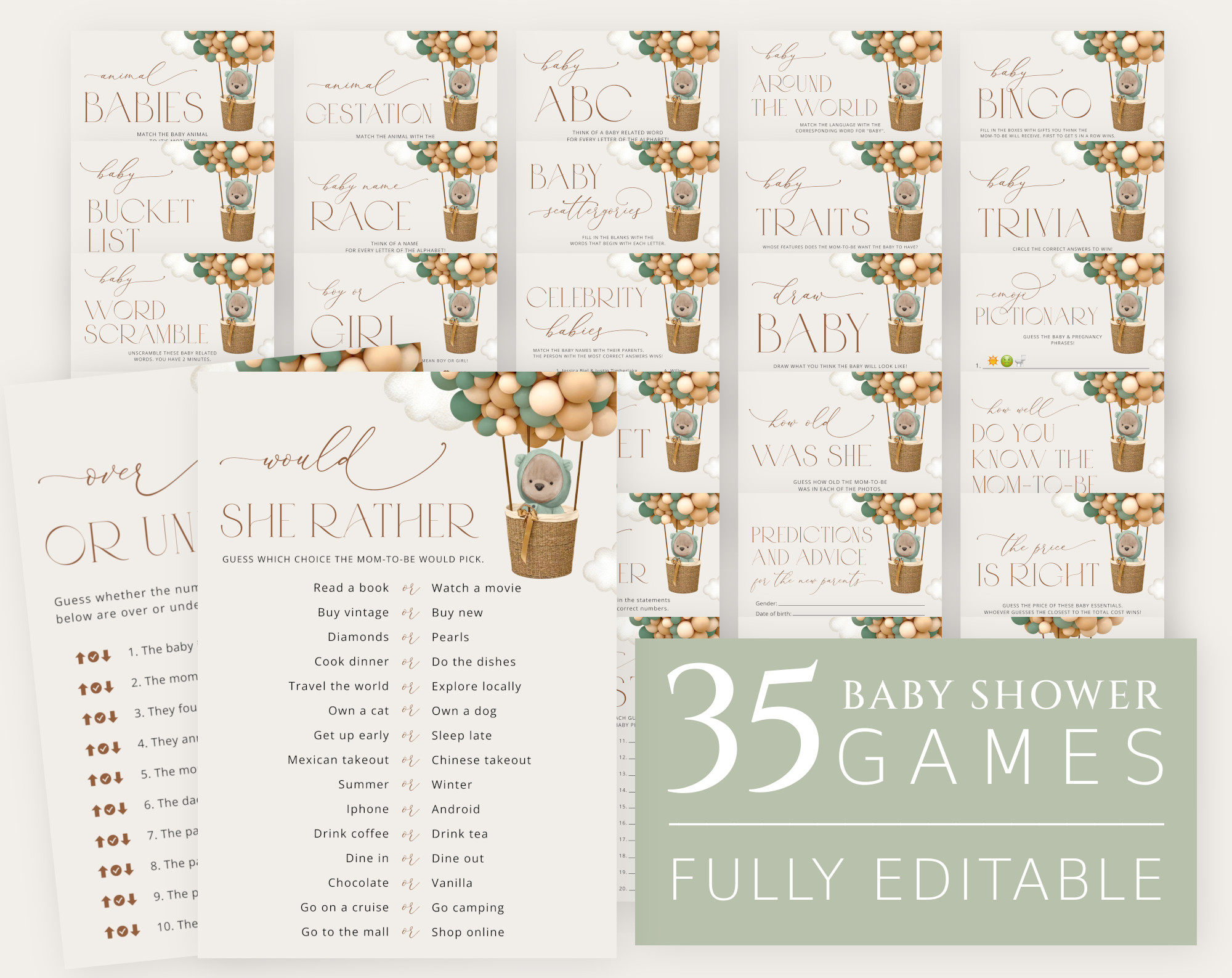 Bear and Green Balloons Baby Shower Games Bundle, Set of 35 Games, Gender Neutral Baby Shower, Printable File, Edit Yourself, SH52 Bear and Green Balloons Baby Shower Games Bundle, Set of 35 Games, Gender Neutral Baby Shower, Printable File, Edit Yourself, SH52