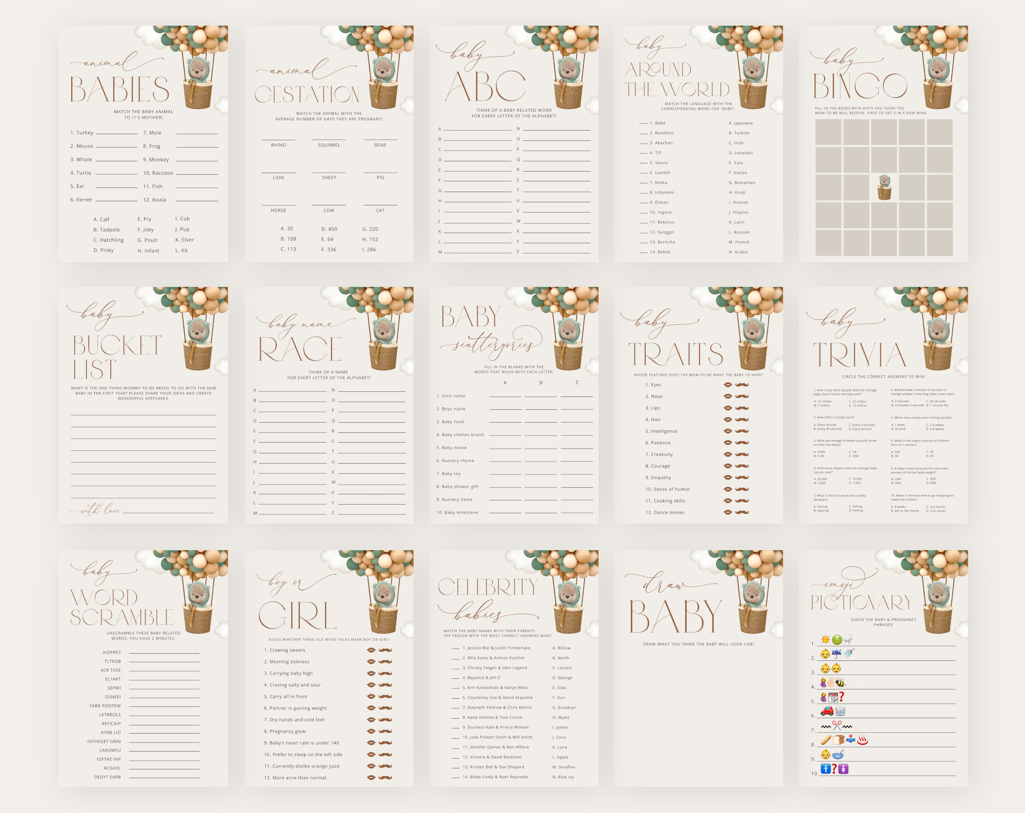 Bear and Green Balloons Baby Shower Games Bundle, Set of 35 Games, Gender Neutral Baby Shower, Printable File, Edit Yourself, SH52 Bear and Green Balloons Baby Shower Games Bundle, Set of 35 Games, Gender Neutral Baby Shower, Printable File, Edit Yourself, SH52