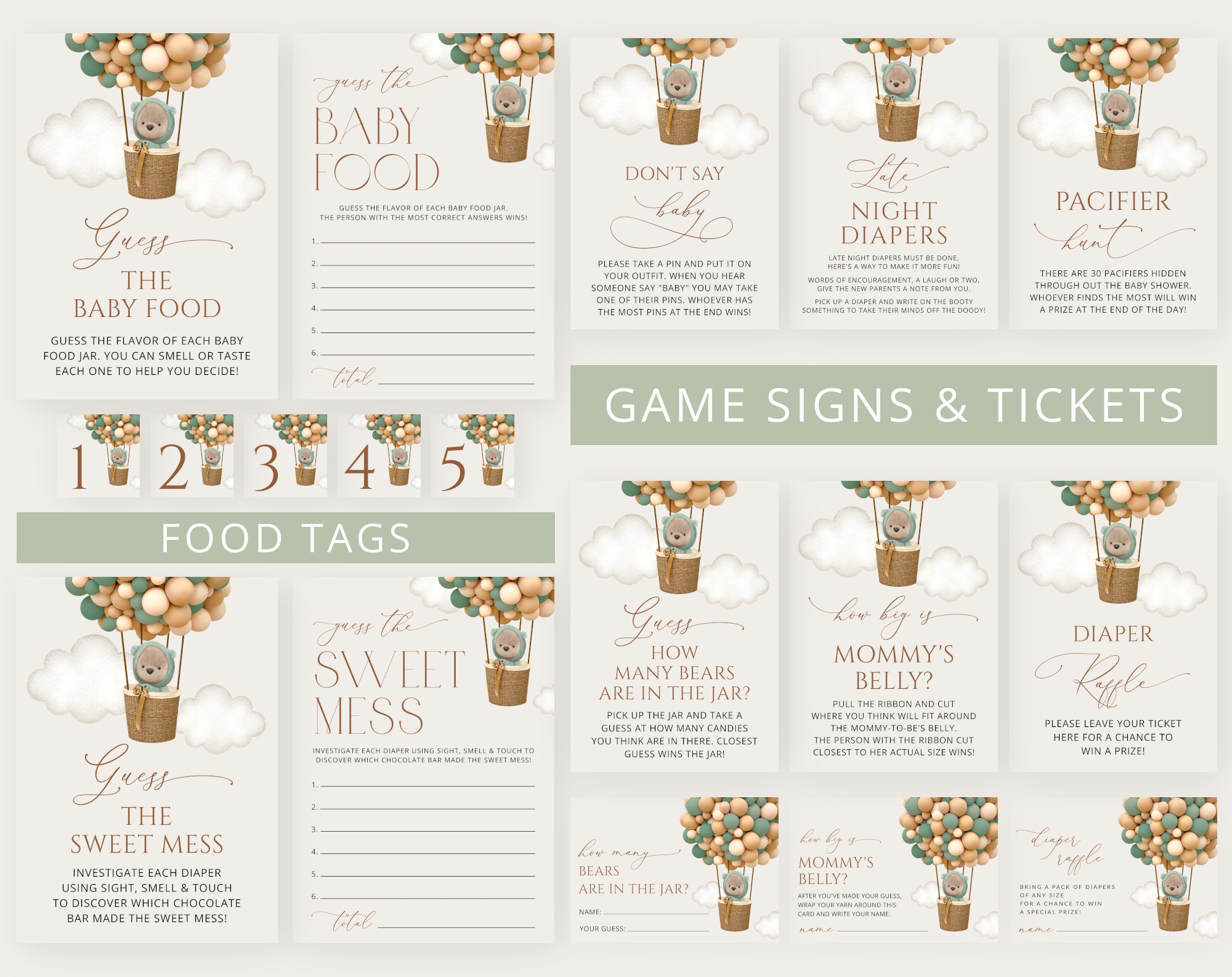 Bear and Green Balloons Baby Shower Games Bundle, Set of 35 Games, Gender Neutral Baby Shower, Printable File, Edit Yourself, SH52 Bear and Green Balloons Baby Shower Games Bundle, Set of 35 Games, Gender Neutral Baby Shower, Printable File, Edit Yourself, SH52