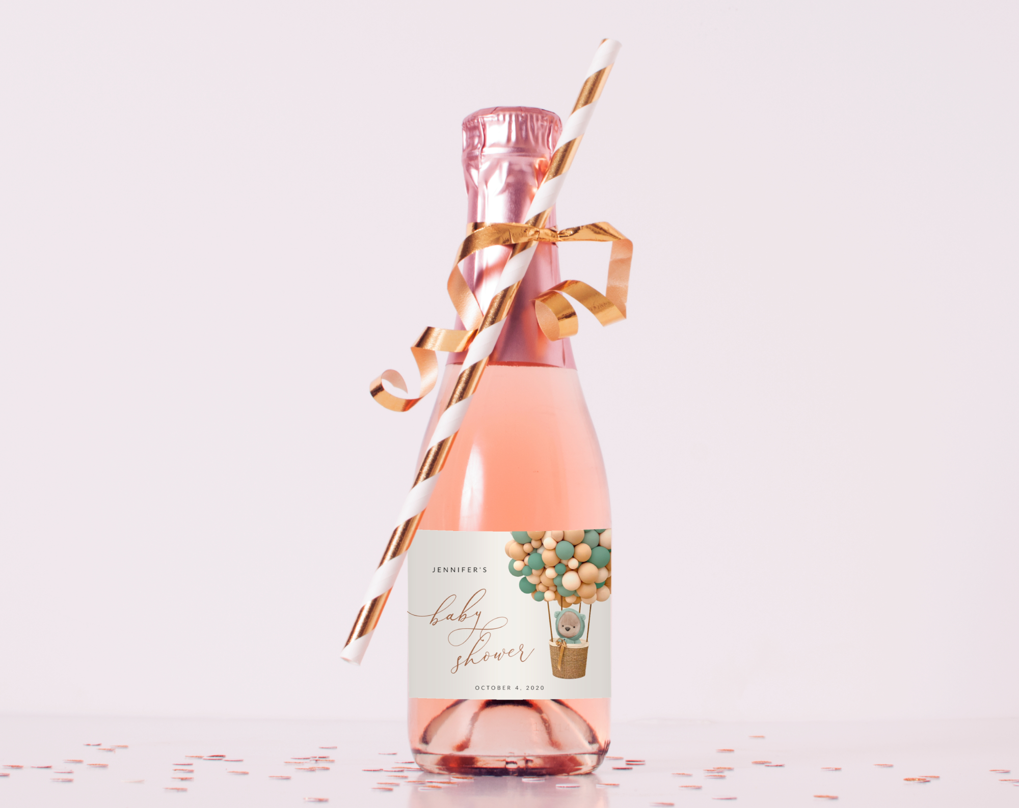 Bear and Green Balloons Mini Champagne Labels, Gender Neutral Baby Shower, Printable File, Edit Yourself, SH52