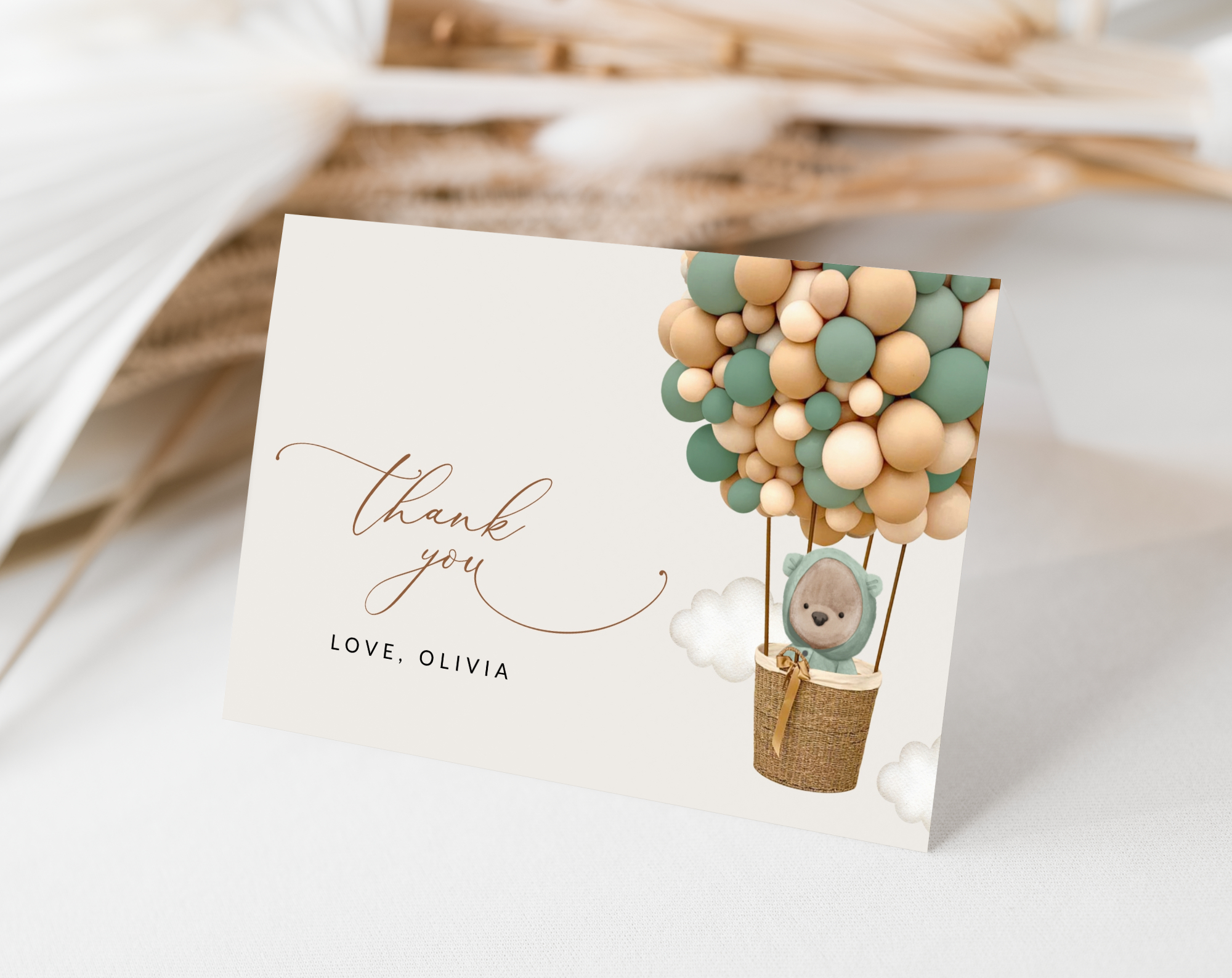 Bear and Green Balloons Thank You Card, Gender Neutral Baby Shower, Printable File, Edit Yourself, SH52 Bear and Green Balloons Thank You Card, Gender Neutral Baby Shower, Printable File, Edit Yourself, SH52