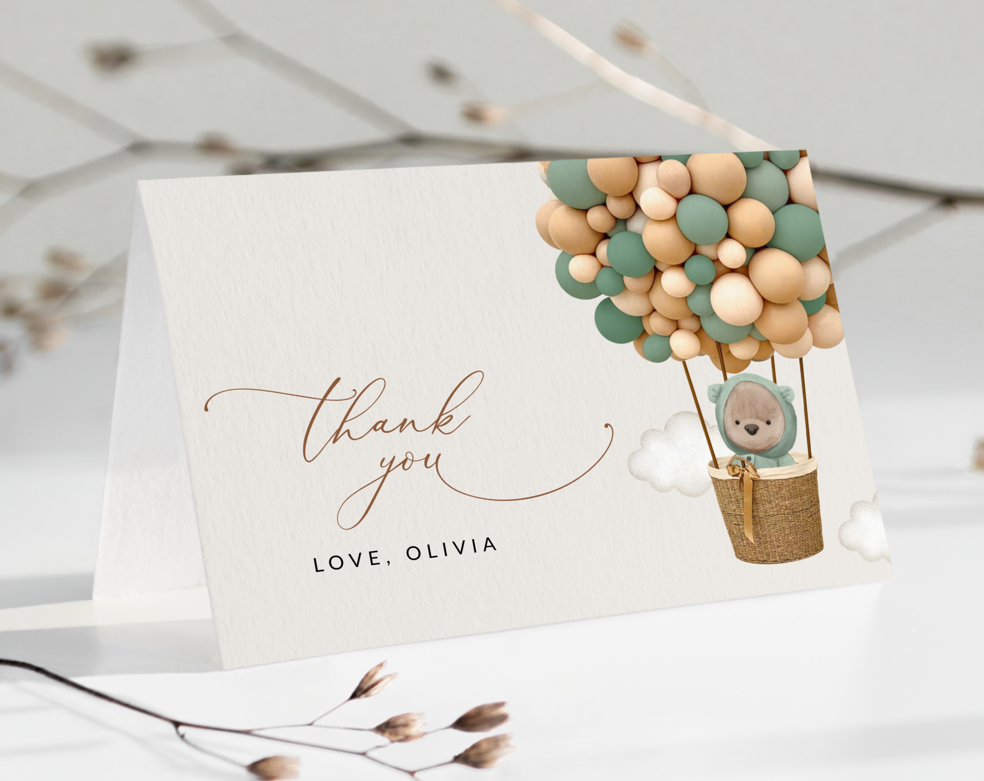 Bear and Green Balloons Thank You Card, Gender Neutral Baby Shower, Printable File, Edit Yourself, SH52