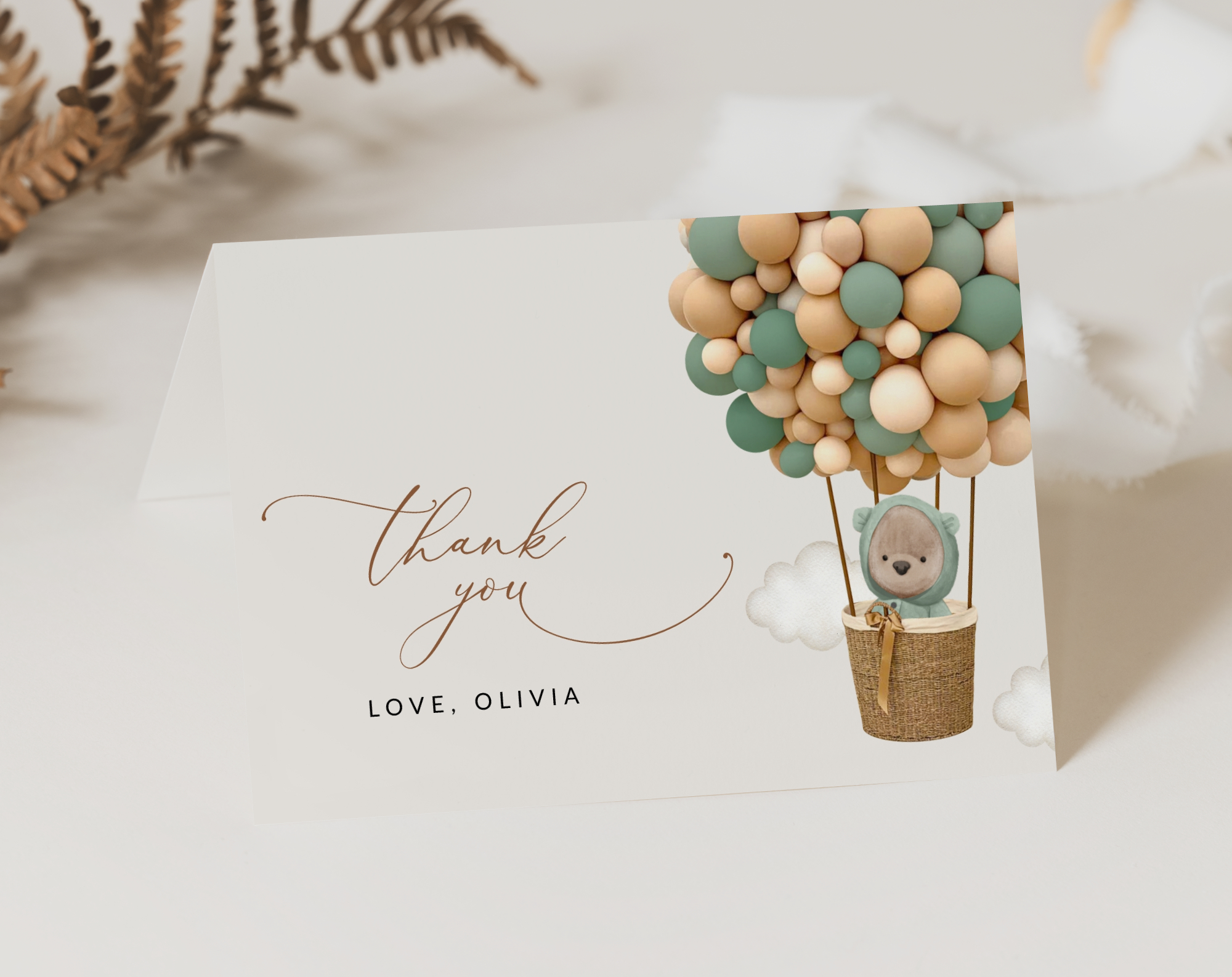 Bear and Green Balloons Thank You Card, Gender Neutral Baby Shower, Printable File, Edit Yourself, SH52