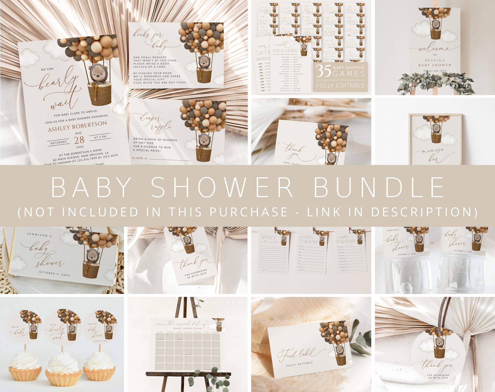 Bear and Brown Balloons Baby Shower Bundle, Gender Neutral Baby Shower, Printable File, Edit Yourself, SH53 Bear and Brown Balloons Baby Shower Bundle, Gender Neutral Baby Shower, Printable File, Edit Yourself, SH53