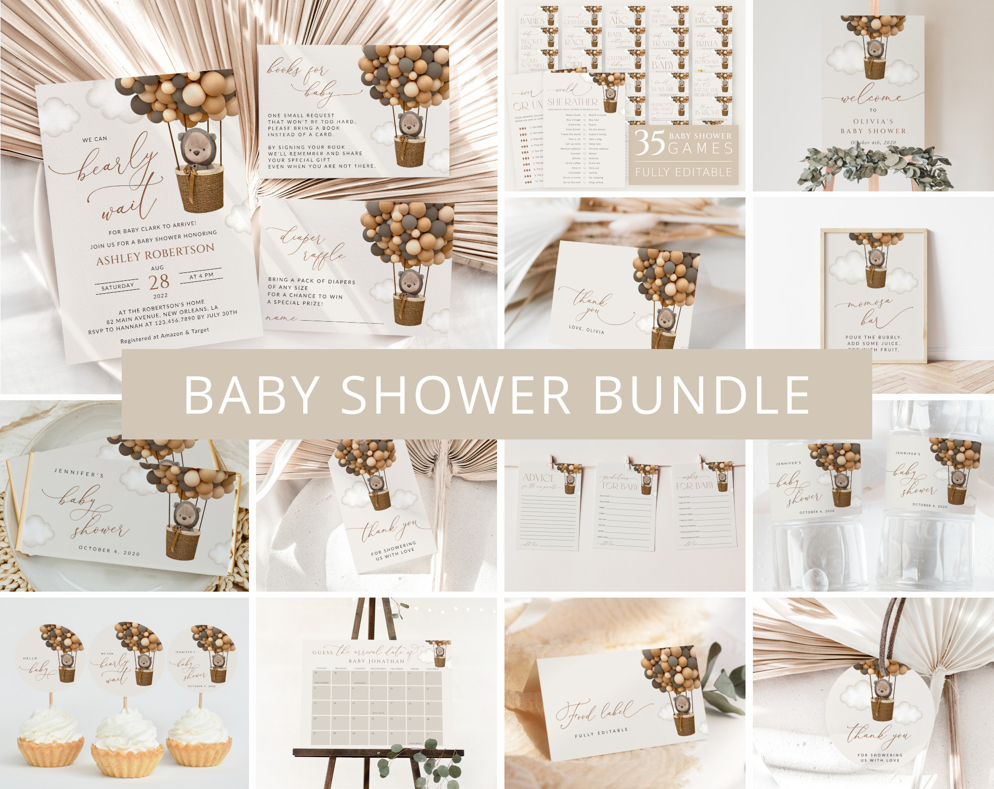 Bear and Brown Balloons Baby Shower Bundle, Gender Neutral Baby Shower, Printable File, Edit Yourself, SH53 Bear and Brown Balloons Baby Shower Bundle, Gender Neutral Baby Shower, Printable File, Edit Yourself, SH53