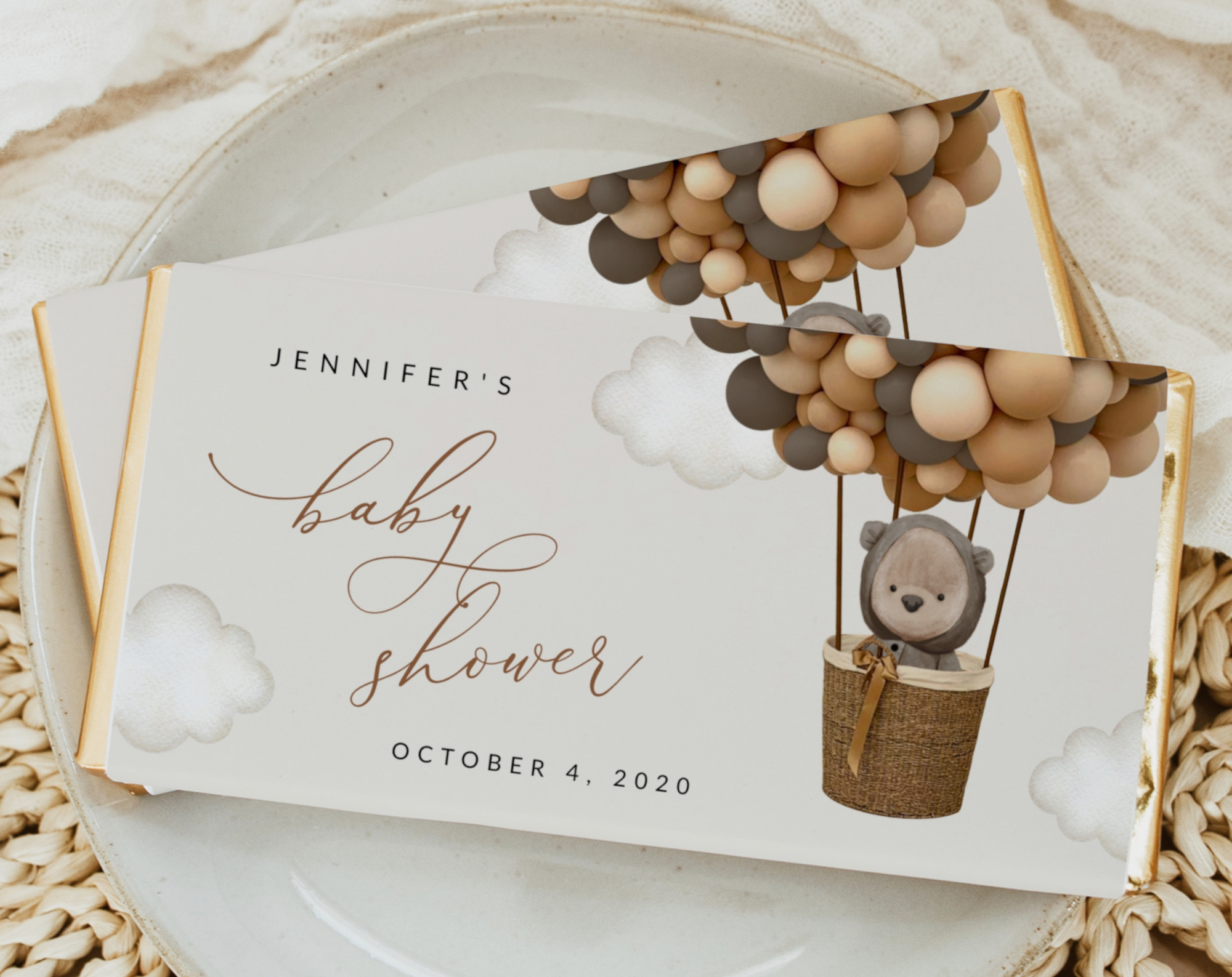 Bear and Brown Balloons Chocolate Bar Wrapper, Candy Bar Wrapper, Gender Neutral Baby Shower, Printable File, Edit Yourself, SH53